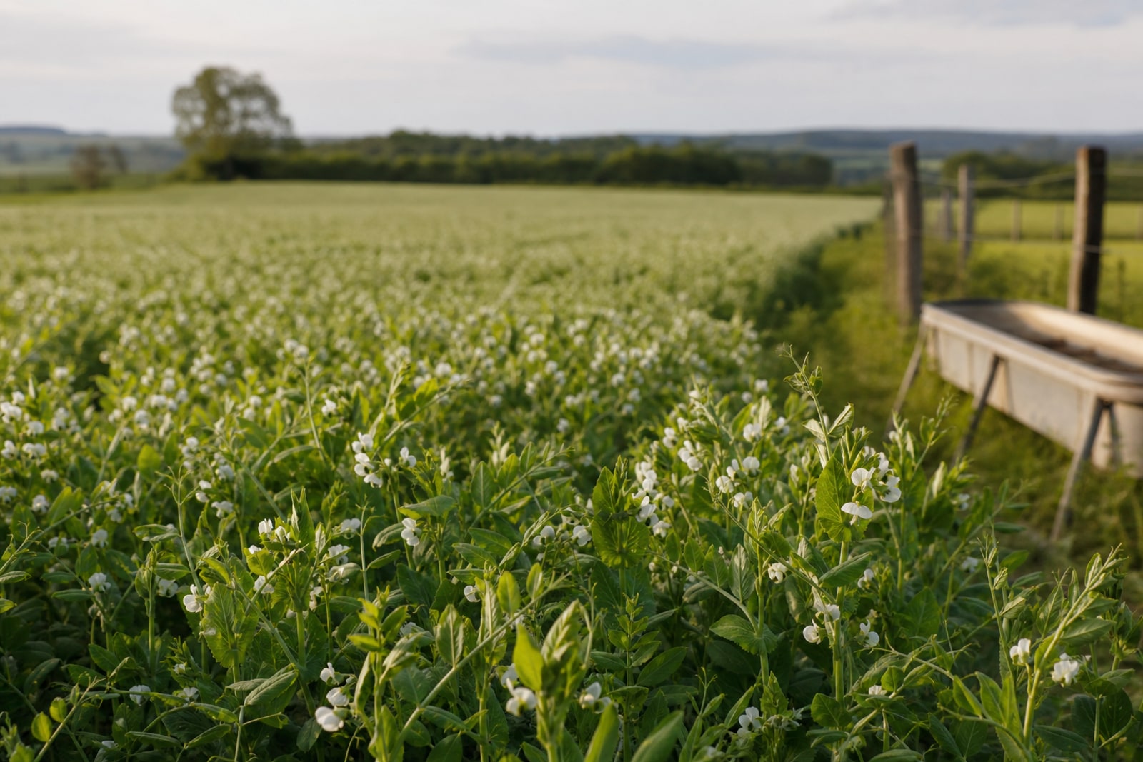 A field of flowering field beans, a protein-rich legume crop, beside grazing dairy cattle.