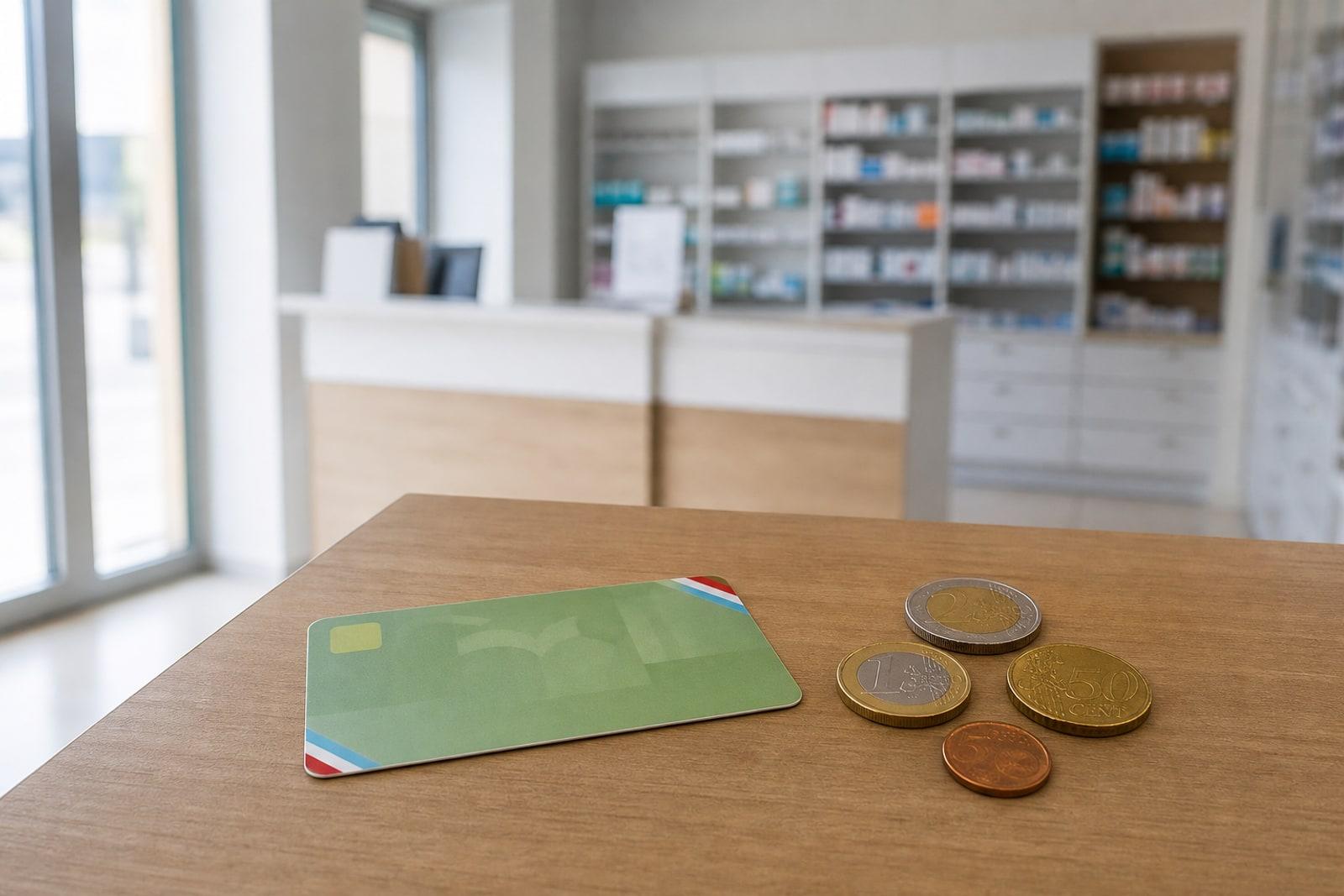 Une carte de sécurité sociale luxembourgeoise et des pièces en euros posées sur le comptoir d'accueil d'une pharmacie