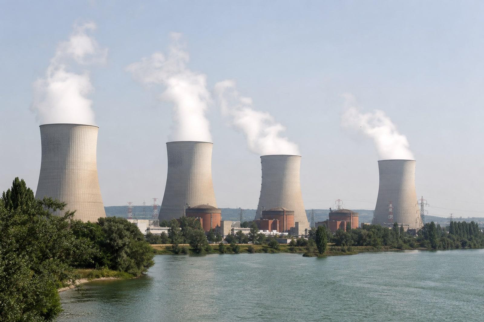 The Cattenom nuclear plant's four concrete cooling towers releasing white vapour plumes beside the Moselle river on a hazy summer day (illustrative, AI-generated).