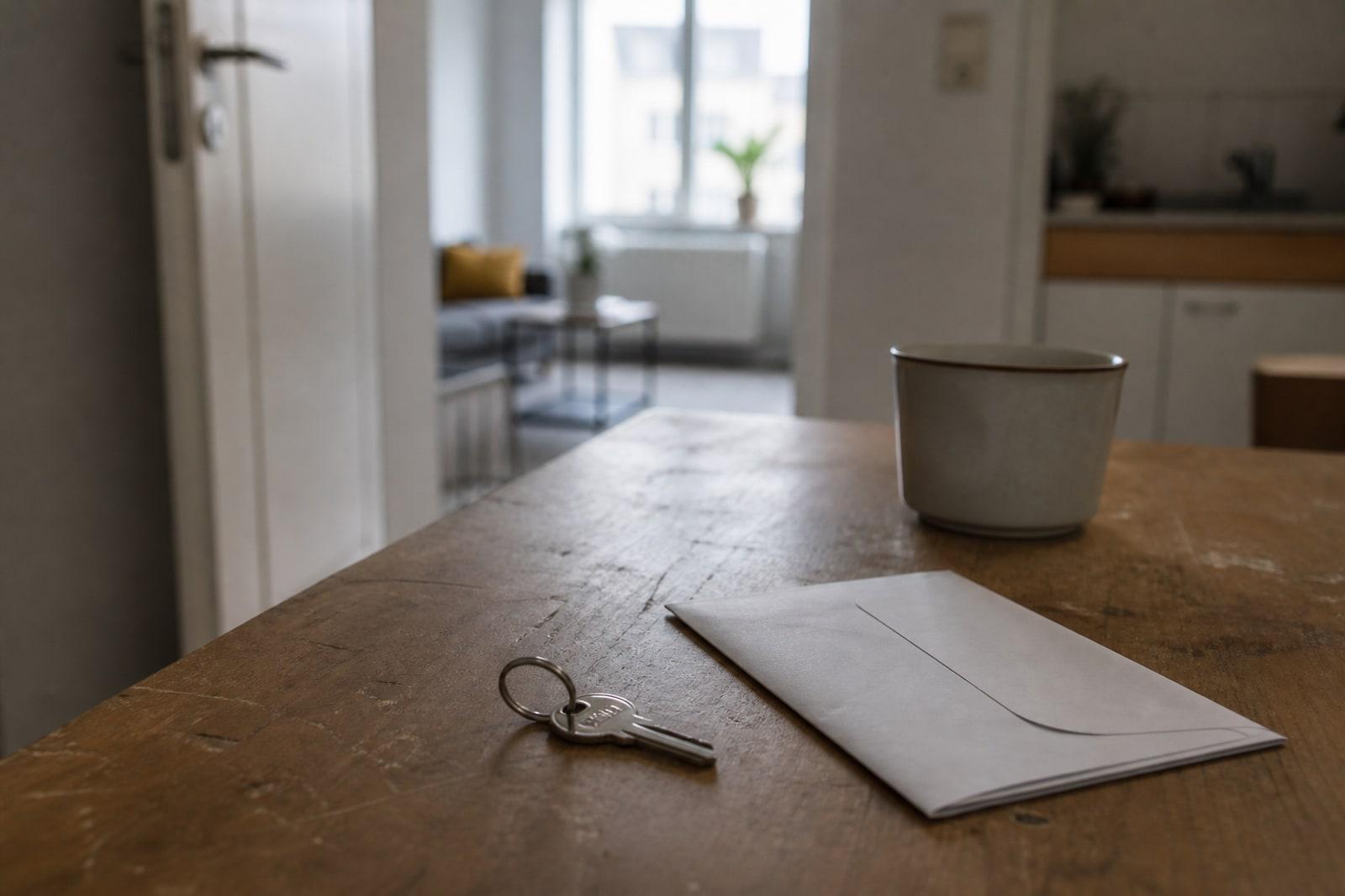 A house key and blank envelope rest on a worn kitchen table inside a modest Luxembourg apartment, lit by soft natural daylight.