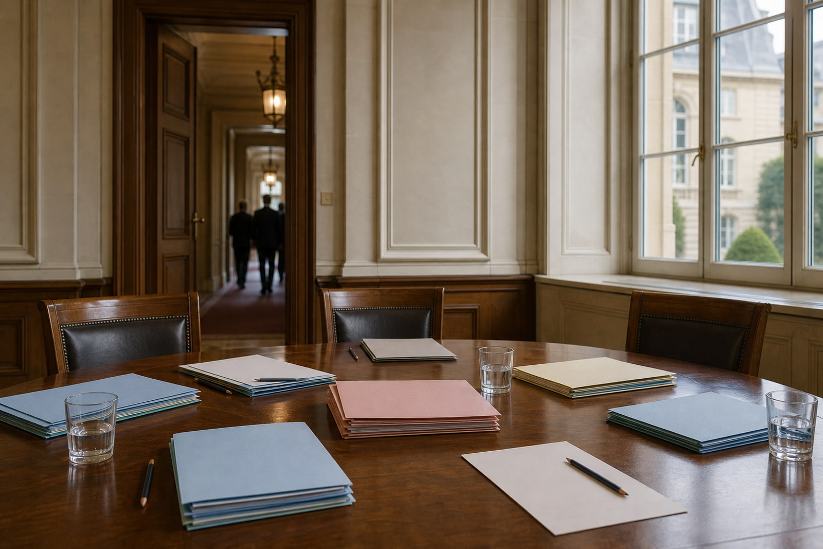 Empty government consultation room with folders and papers on a wooden table, with anonymous figures walking in the corridor beyond.
