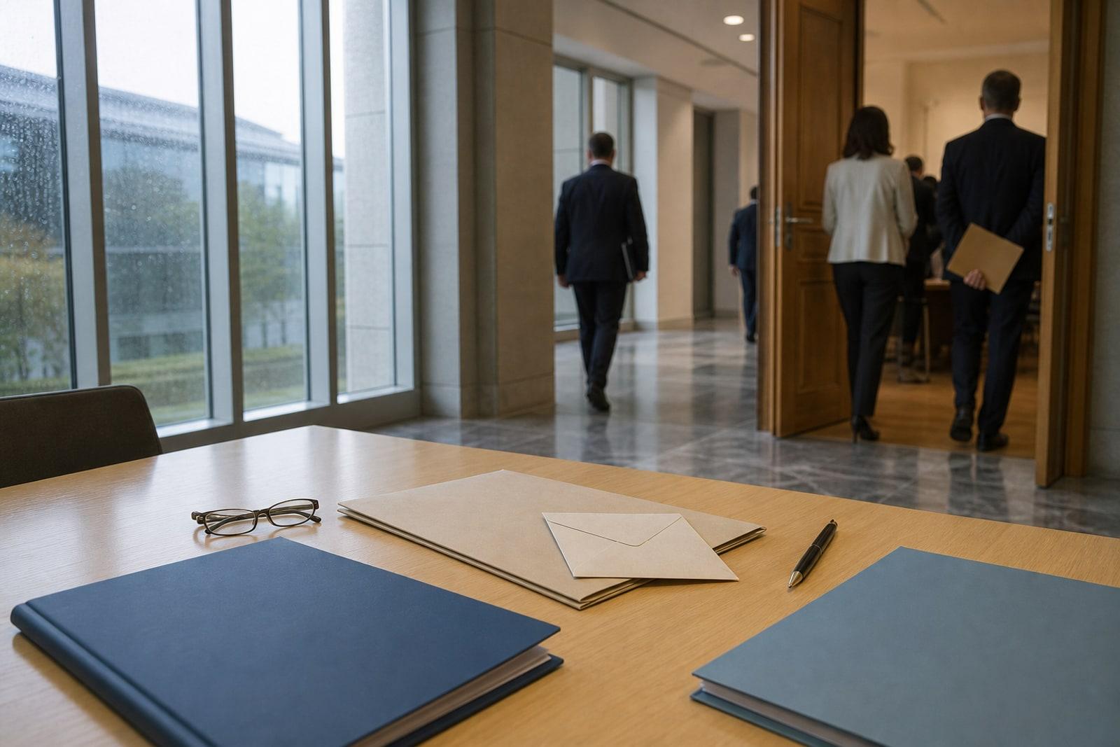 Anonymous officials enter a quiet institutional meeting room while folders, an envelope, a pen and glasses rest on a table by rain-streaked windows.
