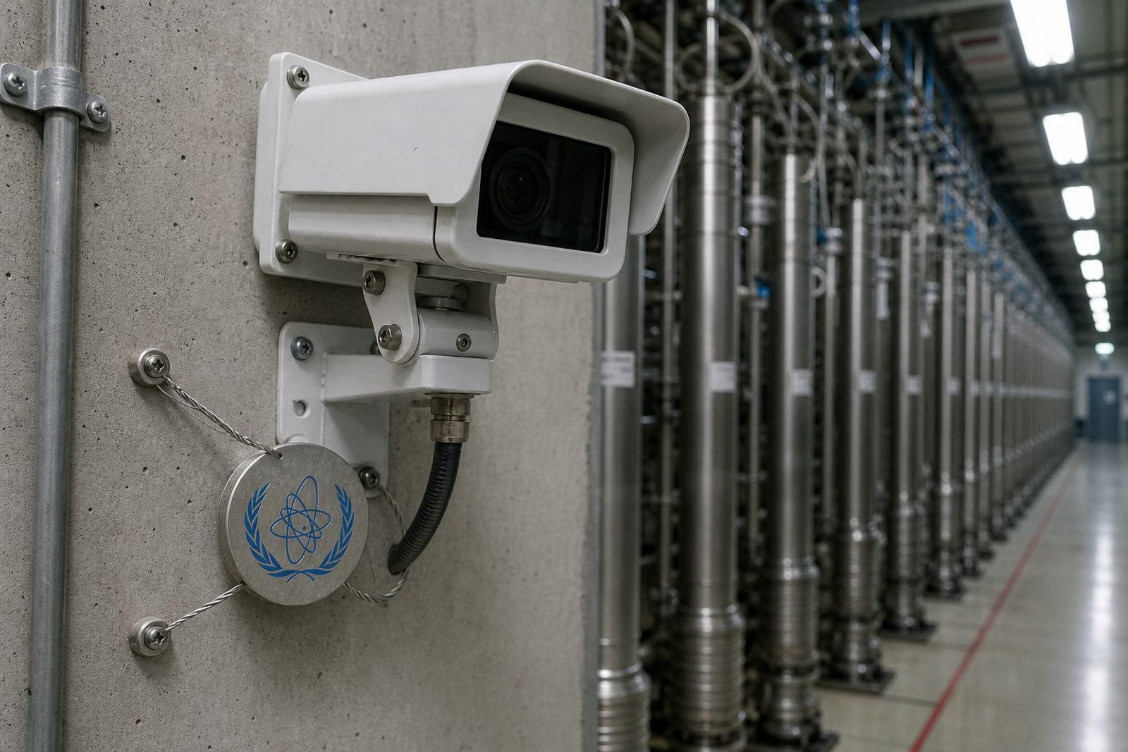 An IAEA surveillance camera and tamper seal with the agency's blue atom-and-olive-branch emblem mounted in a uranium-enrichment hall lined with centrifuge cascades.