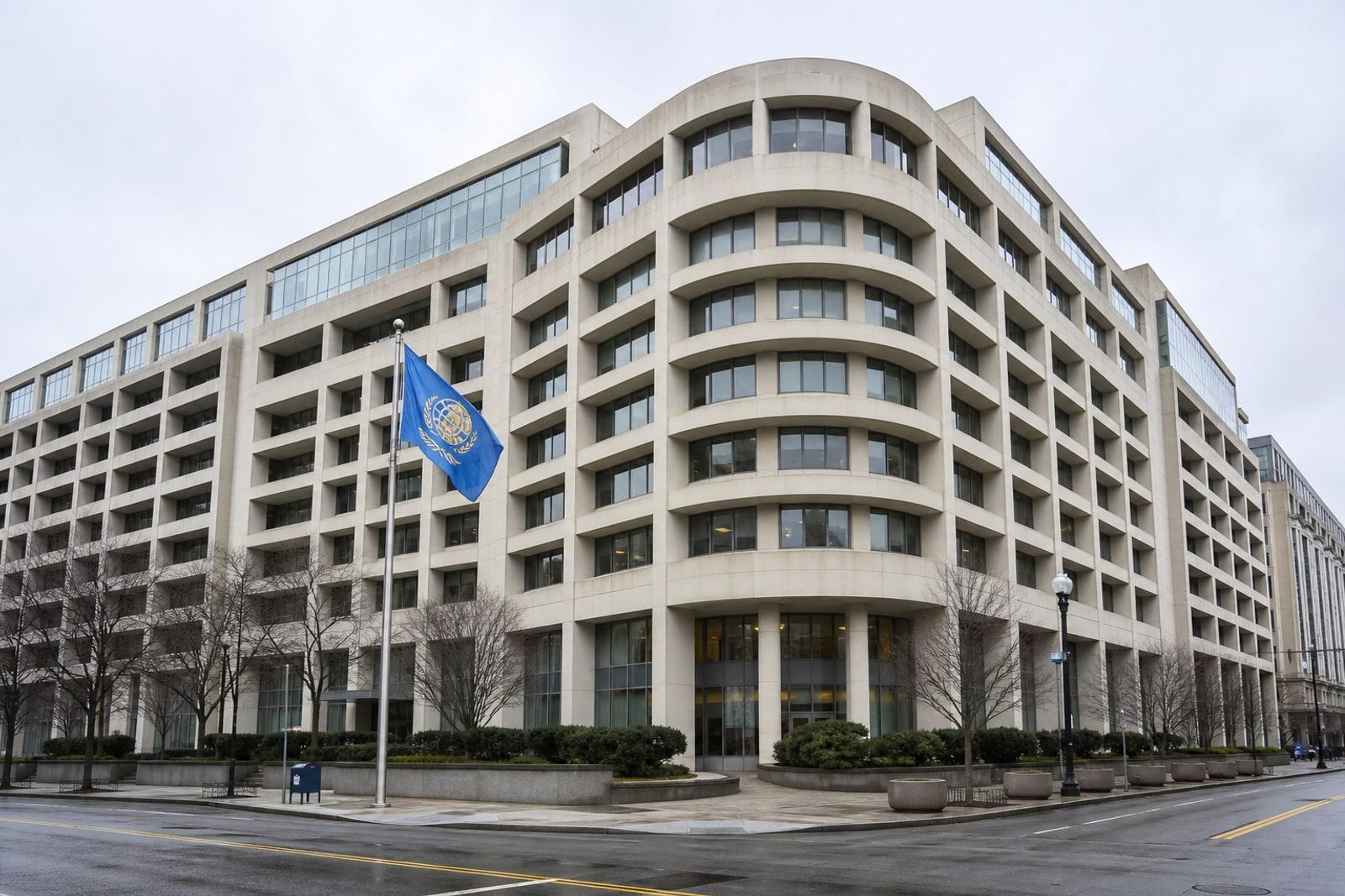 The limestone-and-glass headquarters of the International Monetary Fund in Washington, D.C., with the IMF flag flying outside.