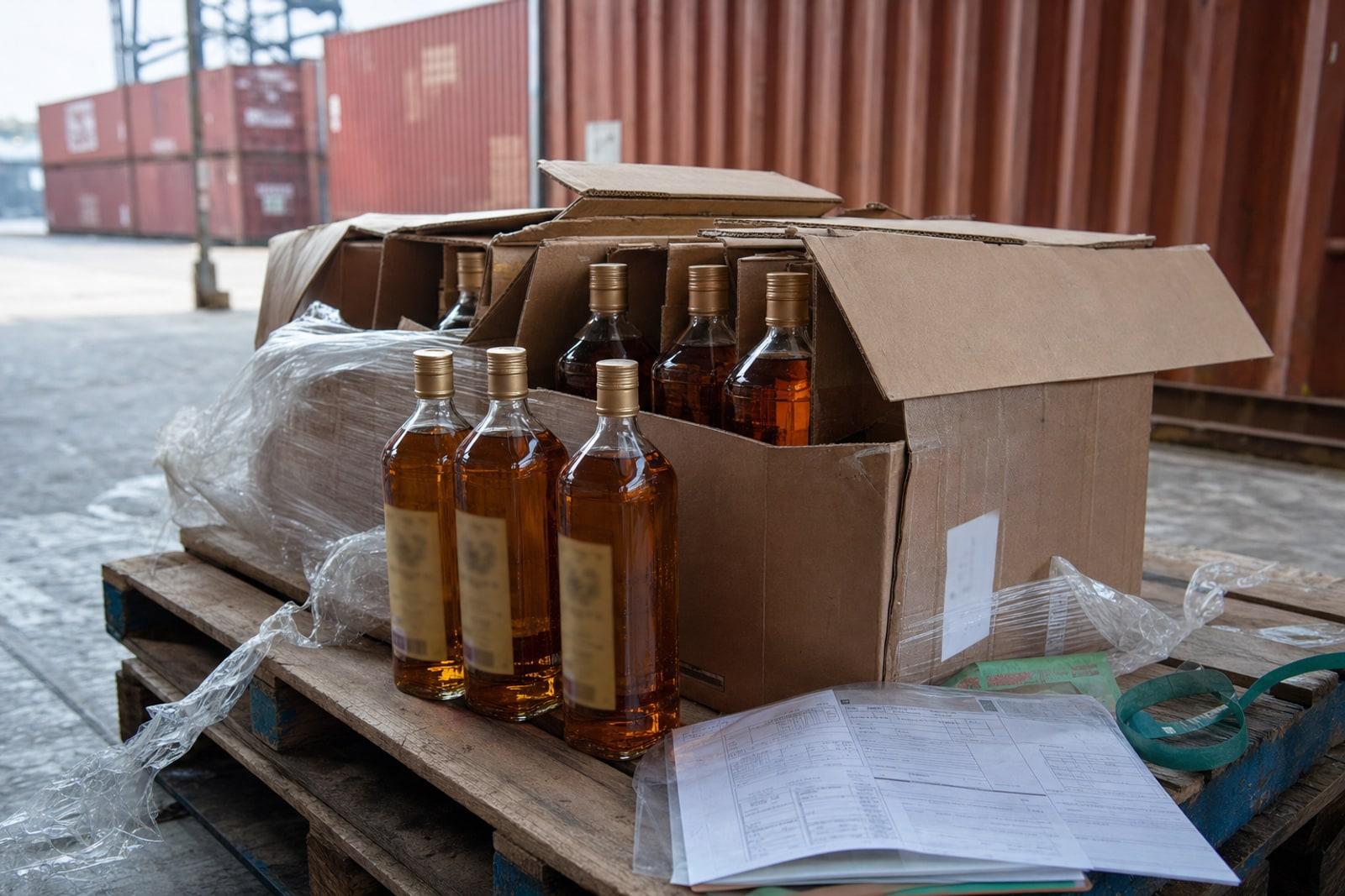 Pallets of amber Scotch whisky bottles awaiting customs clearance at an Indian cargo terminal.