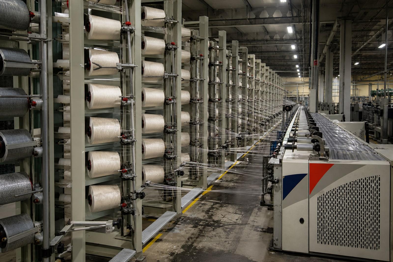 Industrial creels holding spools of high-tenacity reinforcement yarn on a factory floor, illustrating a tyre-cord plant.