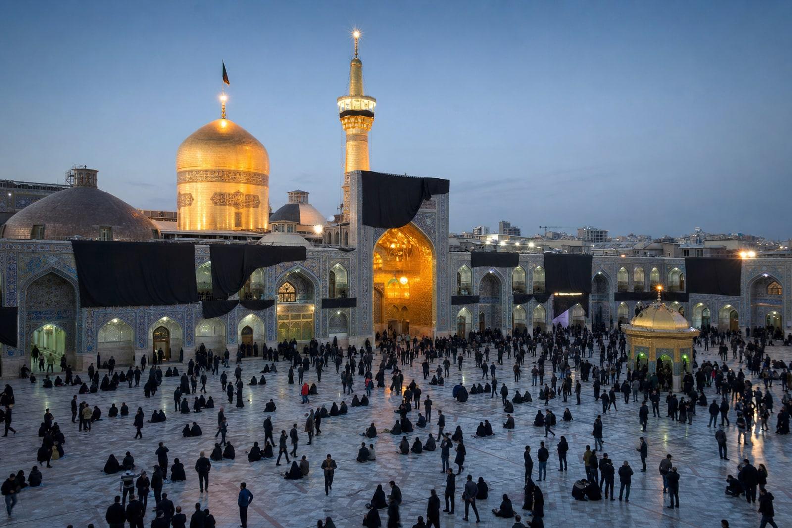 The gold-domed Imam Reza shrine in Mashhad rising above a marble courtyard filled with black-clad mourners.