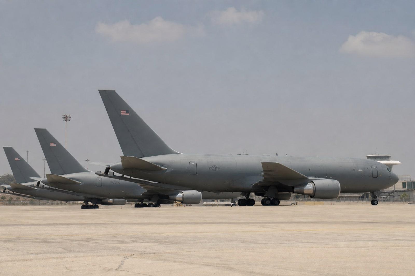 Matte-grey US Air Force KC-46A Pegasus refuelling tankers parked at Ben Gurion Airport.