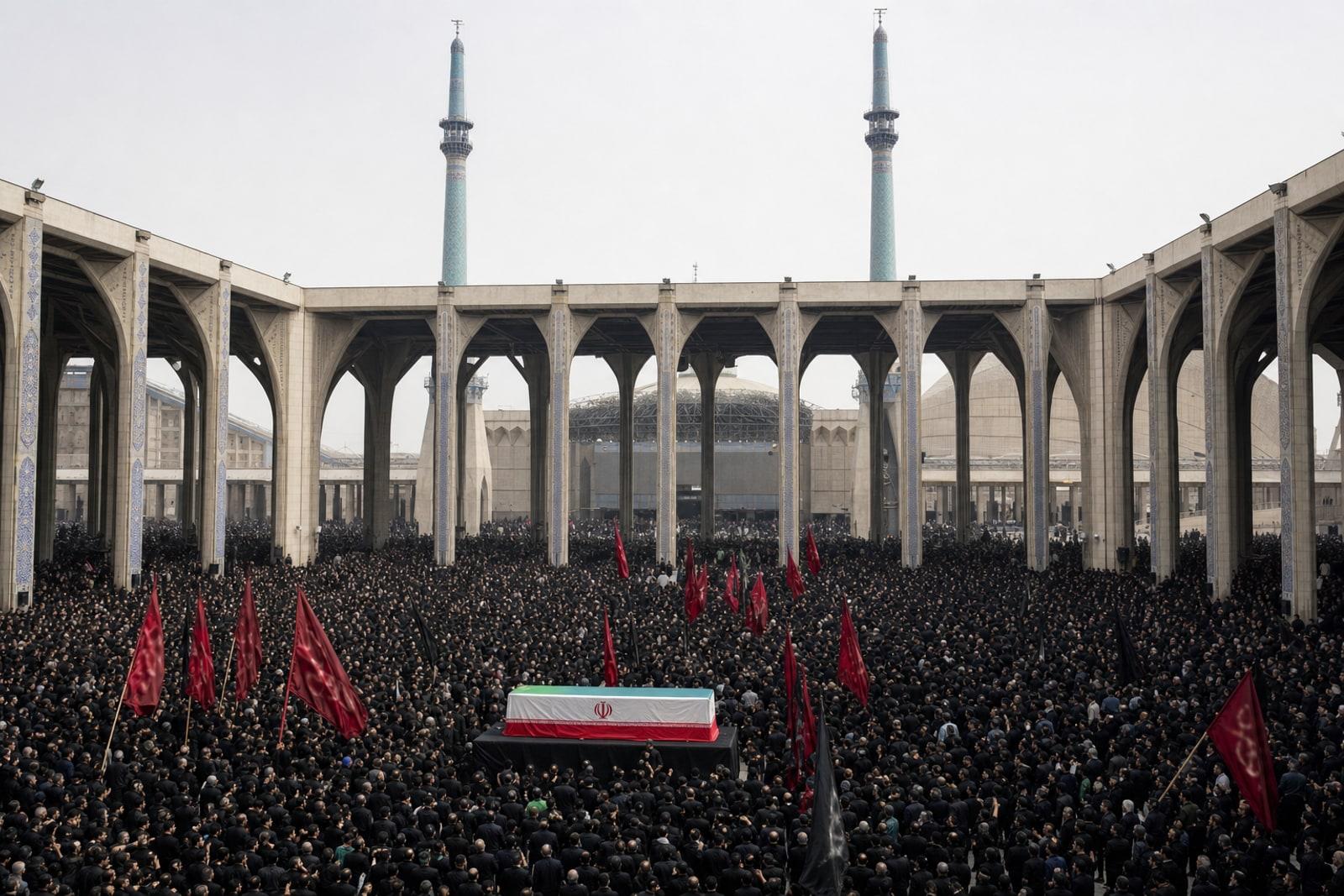 Des personnes en deuil brandissent des drapeaux rouges de la vengeance autour du cercueil drapé d'Ali Khamenei au Grand Mosalla Imam Khomeini de Téhéran.