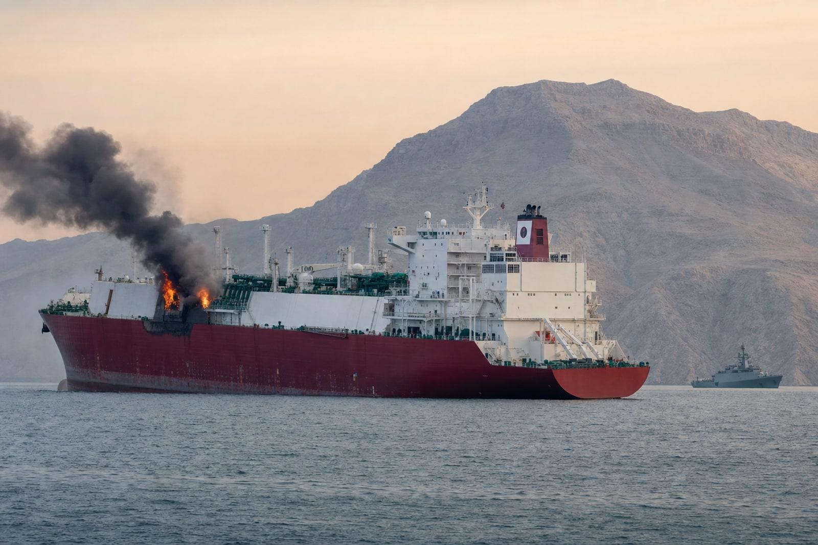 Le méthanier qatari Al Rekayyat, coque rouge et superstructure blanche, en feu sur son flanc bâbord dans le détroit d'Ormuz près de la côte omanaise.