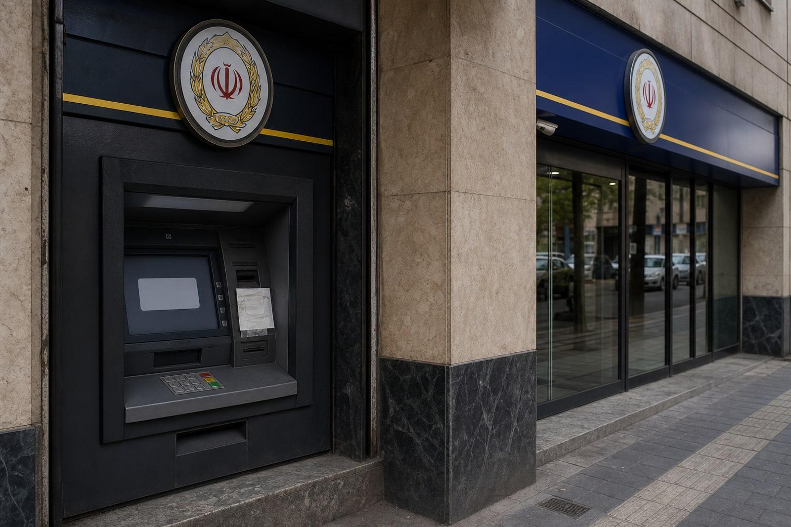 A dark, out-of-service ATM at a Bank Melli Iran branch in Tehran, its screen blank and a card reader covered.