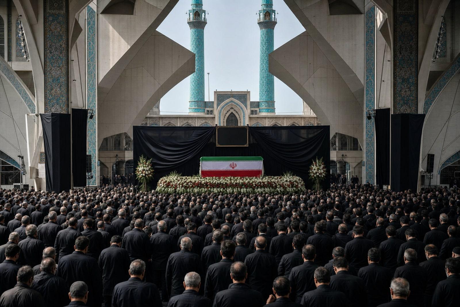 Flag-draped coffin lying in state before crowds of black-clad mourners at Tehran's Imam Khomeini Grand Mosalla (AI-generated illustration)