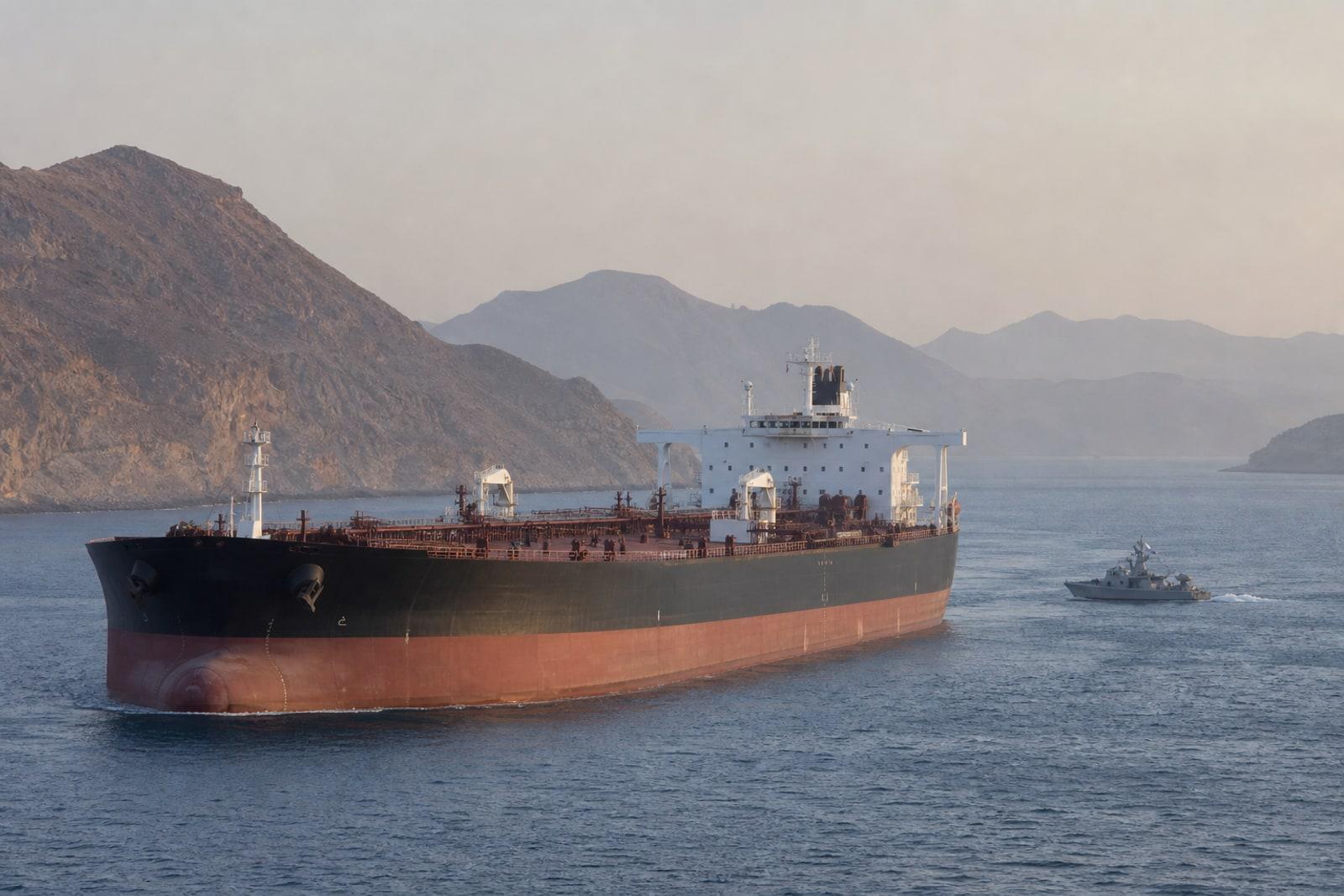 A laden crude oil supertanker transiting the narrow Strait of Hormuz at dawn, shadowed by a small patrol boat, with arid coastal mountains behind.