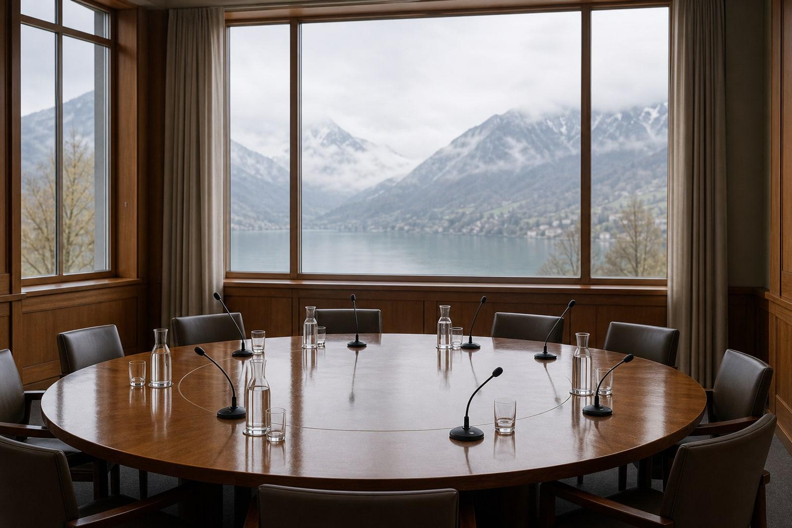 An empty round conference table with microphones and water carafes in a wood-panelled room overlooking a misty mountain lake.