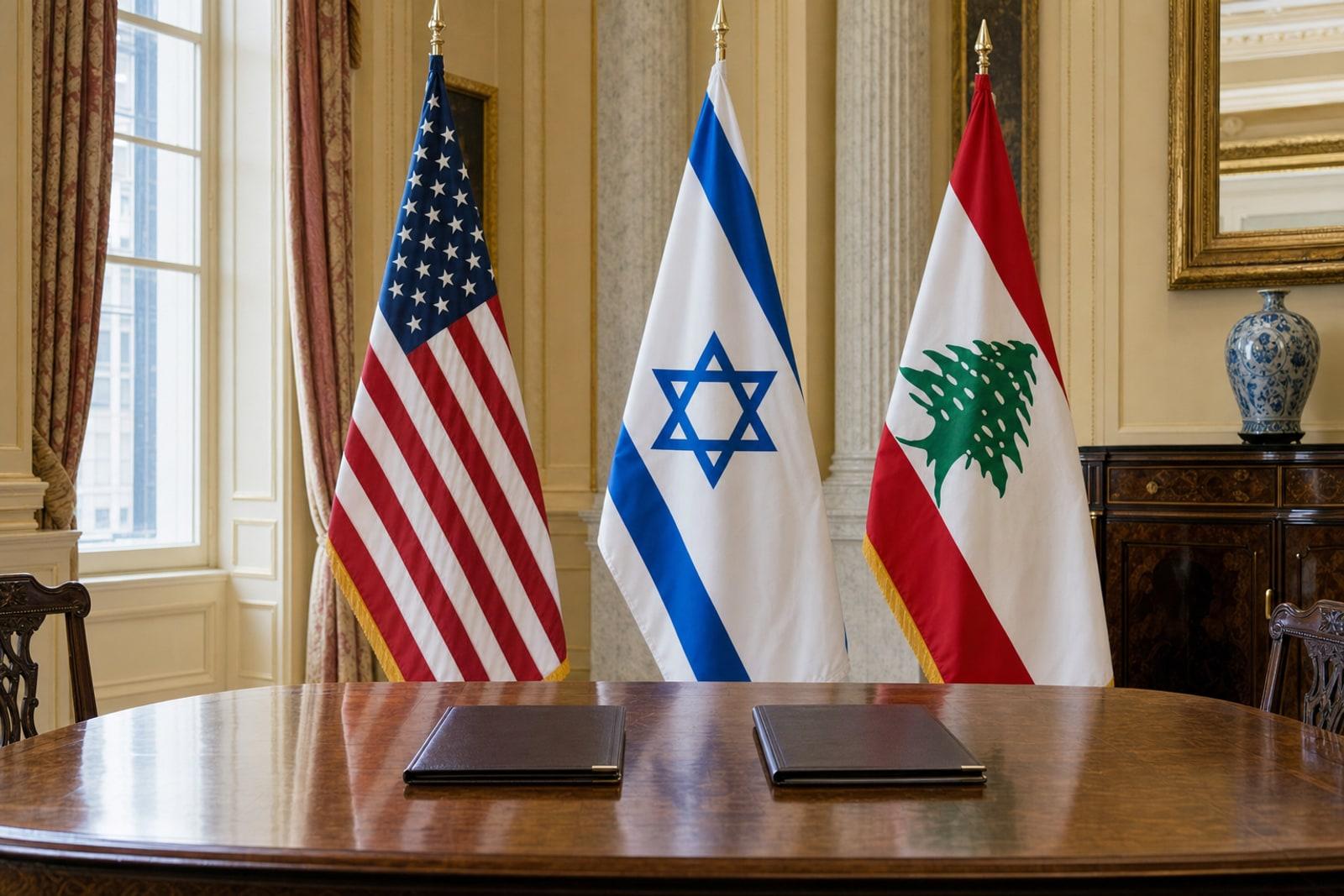 An empty signing table with leather folders at the US State Department, flanked by the flags of the United States, Israel and Lebanon.