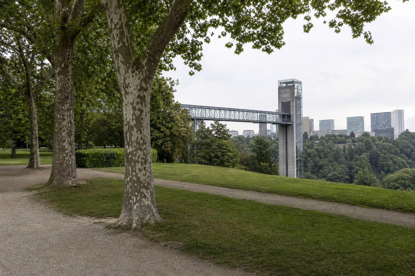 La partie Parc Pescatore du Parc municipal Édouard André à Luxembourg-Ville, près de l'ascenseur panoramique vitré du Pfaffenthal, où se dressera le monument au Grand-Duc Jean.