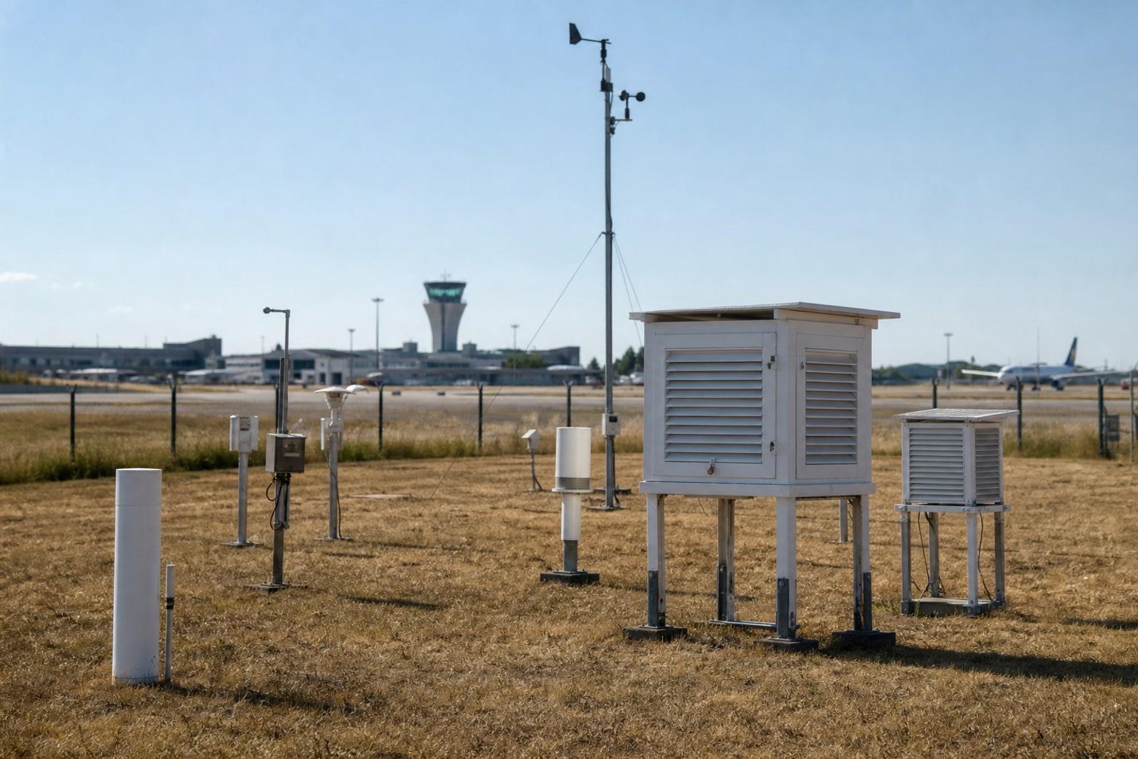 White louvred instrument shelters and an anemometer mast of the MeteoLux weather station on sun-scorched grass at Luxembourg-Findel Airport under a blazing summer sky