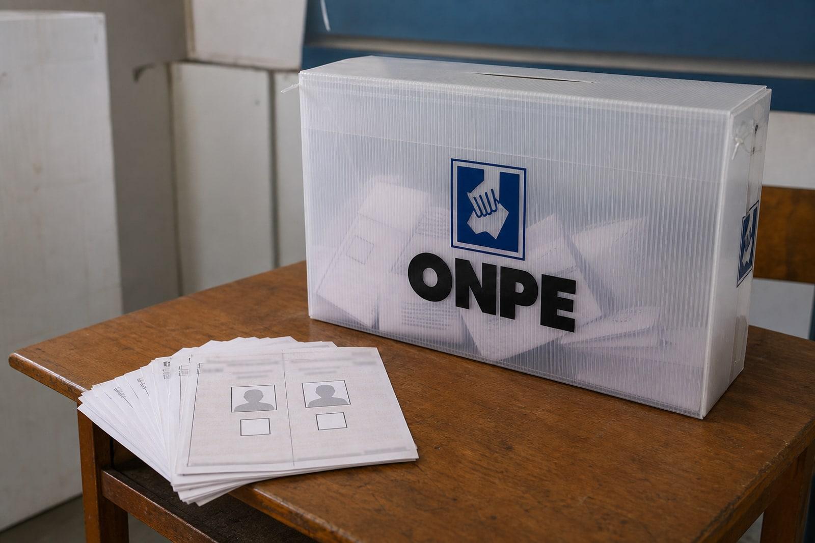 Peruvian presidential runoff paper ballots beside a transparent ONPE ballot box on a table at a Lima polling station.