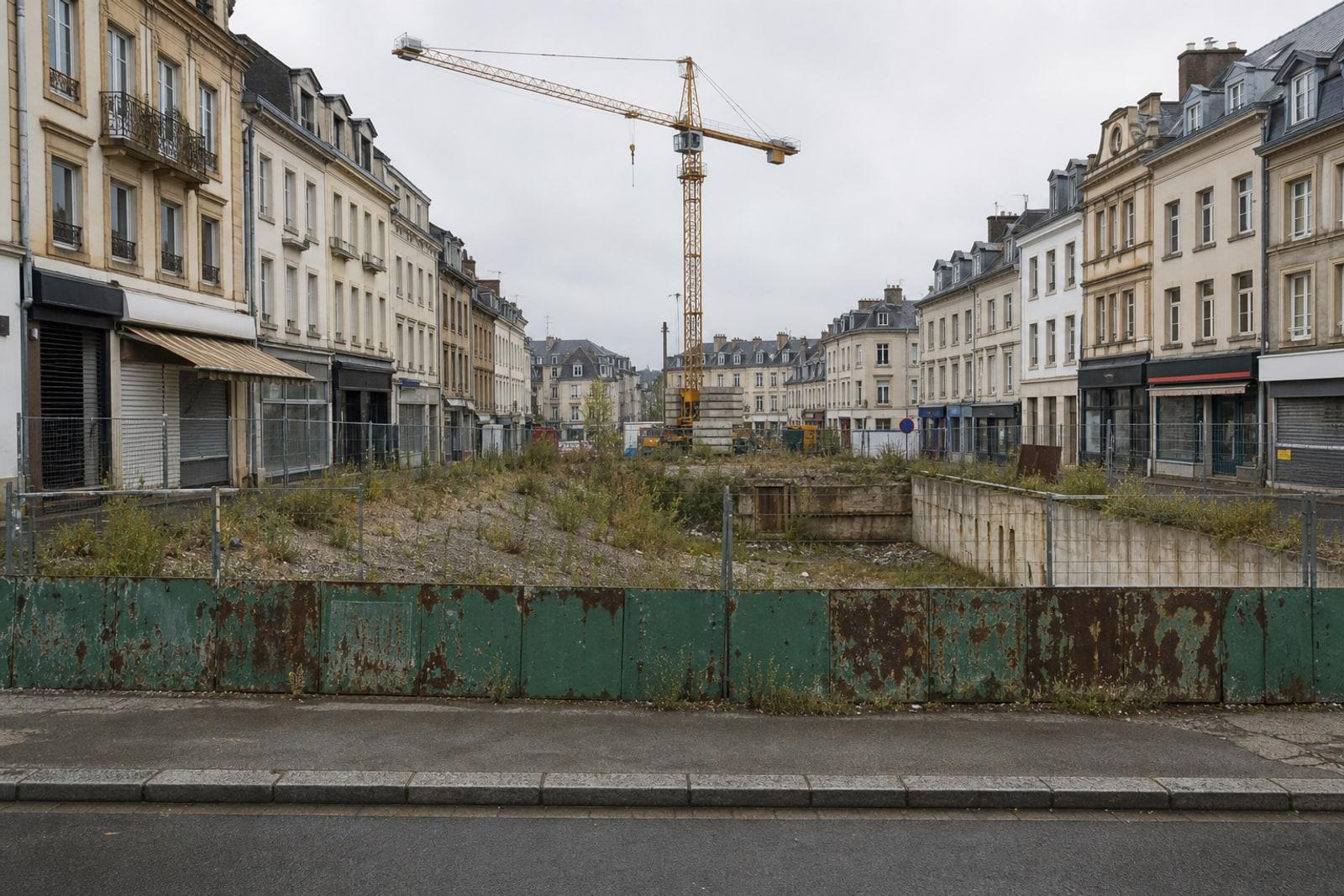 A fenced, abandoned construction excavation pit on a city-centre street in Esch-sur-Alzette, with an idle tower crane and terraced shopfronts under overcast light.