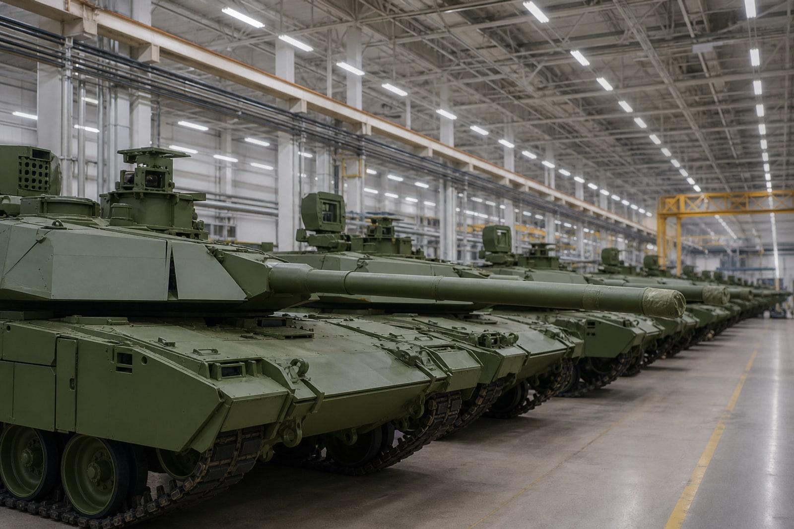 Newly built main battle tanks lined up on the floor of a modern armoured-vehicle assembly hall.
