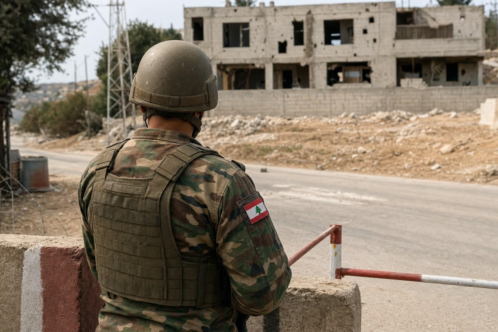 A Lebanese Army soldier seen from behind manning a roadblock on a dusty road in war-damaged southern Lebanon, the cedar-flag insignia on his shoulder.
