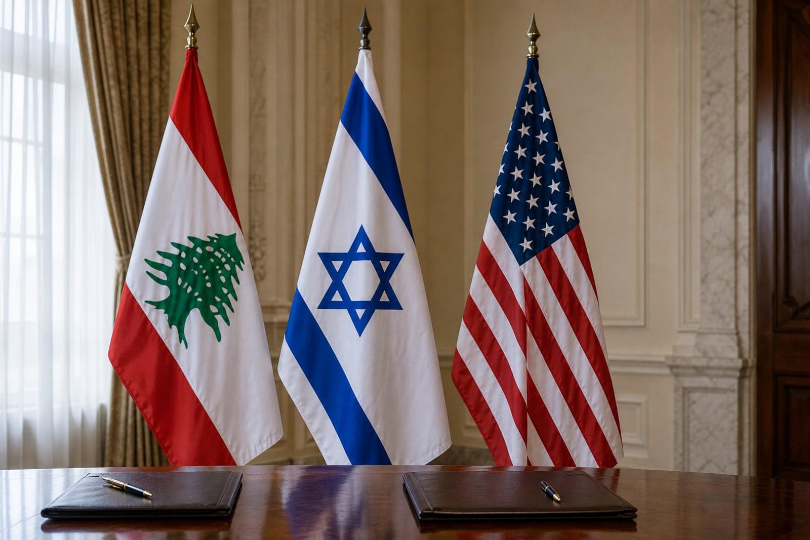 The national flags of Lebanon, Israel and the United States standing behind a polished signing table holding two leather document folders in a State Department reception room.