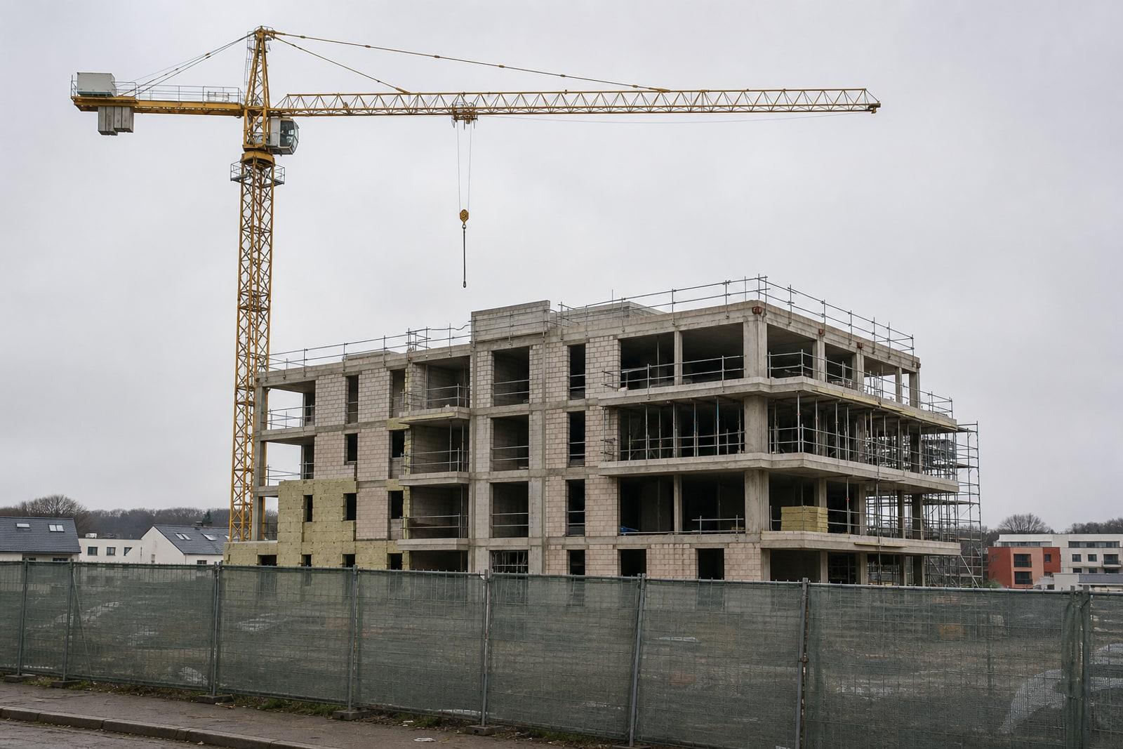 E stëllstoende Wunnengsbau zu Lëtzebuerg: en hallef gebauten Appartementshaus hannert Bauzonen mat engem stëllstoende Kran.