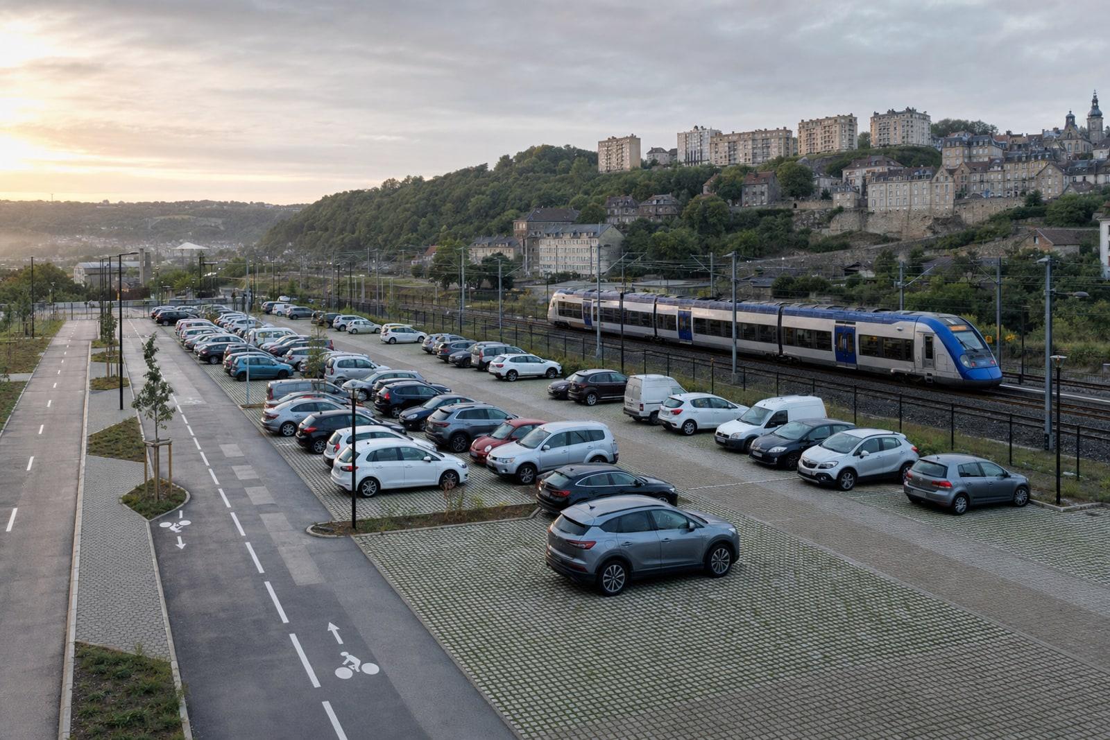A large dawn-lit park-and-ride car park at Longwy beside a regional train on the line to Luxembourg.