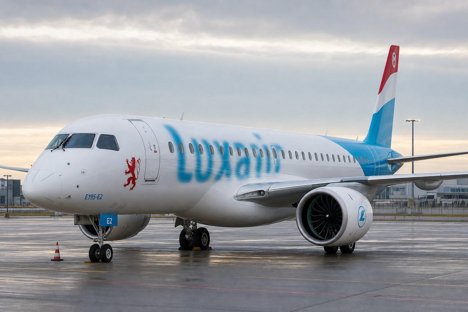Un Embraer E195-E2 de Luxair dans la nouvelle livrée de la compagnie à l’aéroport de Luxembourg
