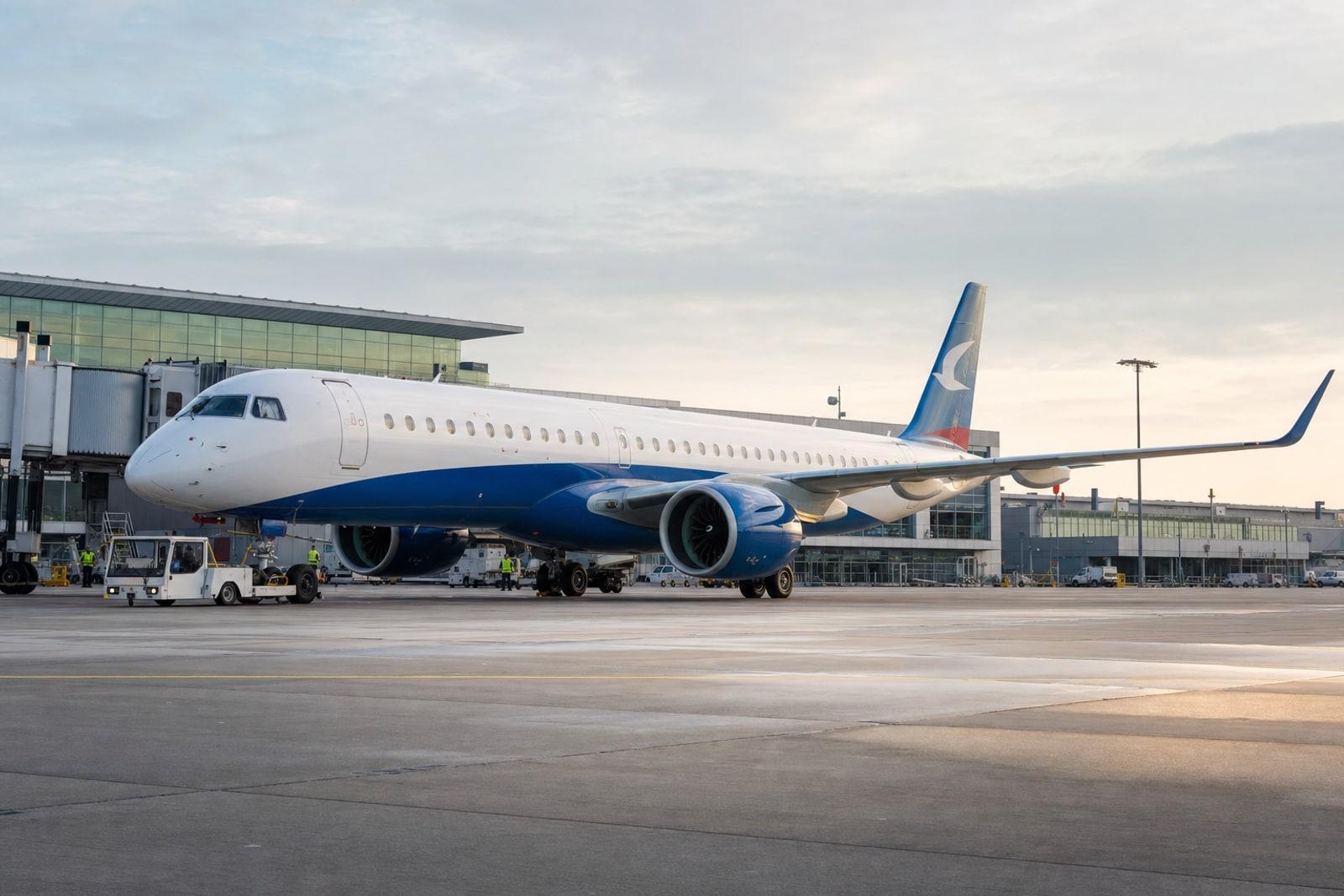 Un Embraer E195-E2 de Luxair, aux couleurs de la compagnie, stationné sur l'aire de trafic de l'aéroport de Luxembourg-Findel.