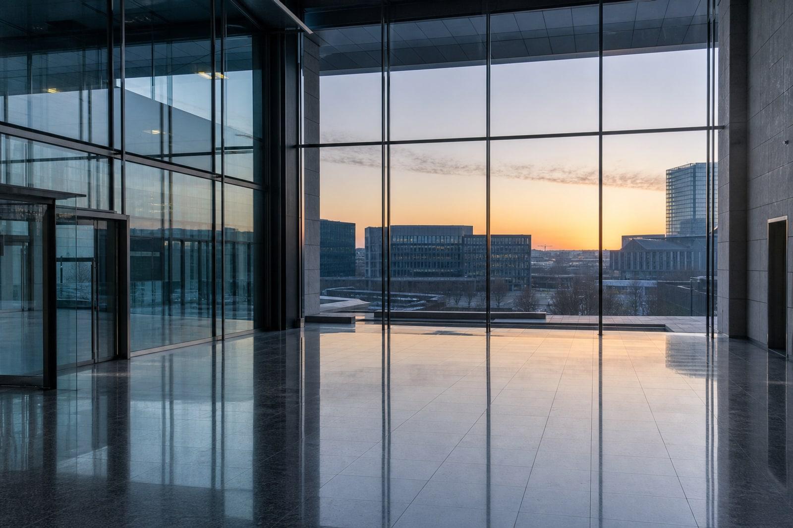 An empty glass-fronted office building in Luxembourg City's Kirchberg financial district at dawn, with no people or signage.