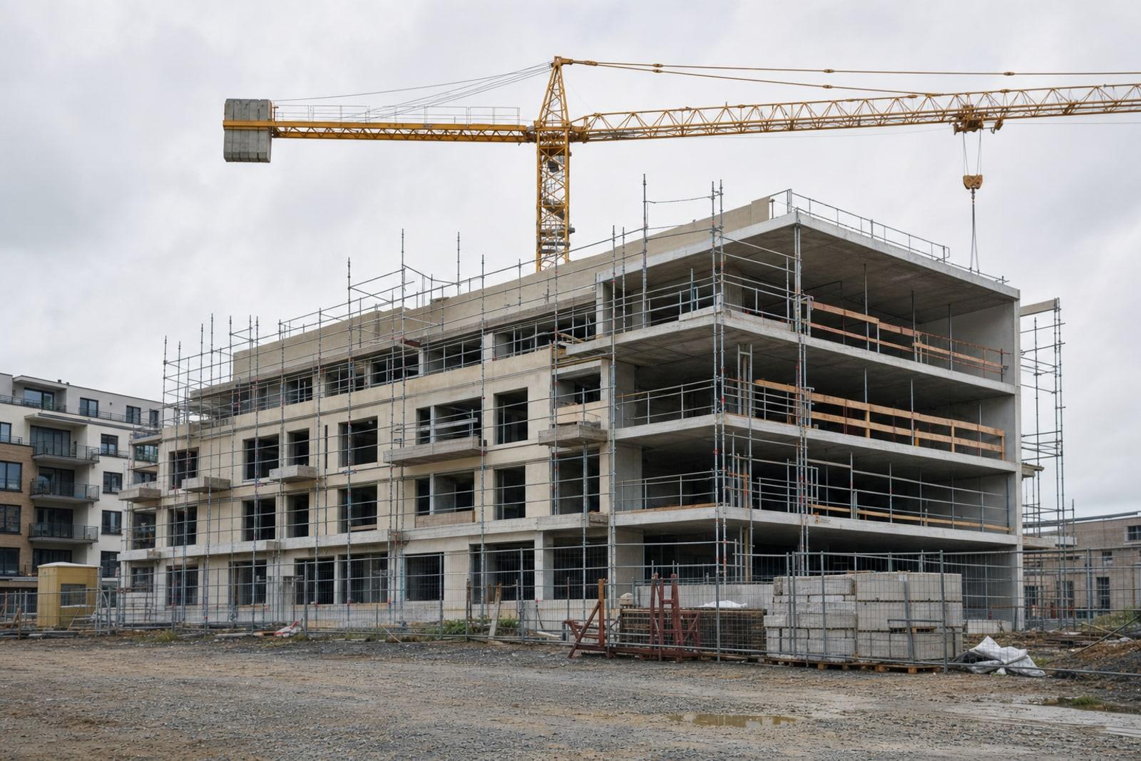 A half-built multi-storey apartment block wrapped in scaffolding beneath an idle tower crane on an empty construction site under a grey sky.