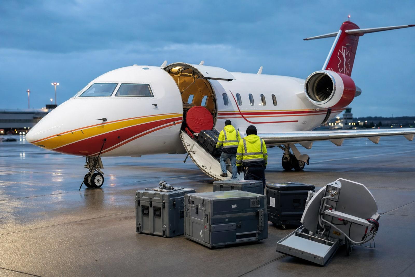 A white Luxembourg Air Rescue jet in red-and-yellow livery on an airport apron at dusk, cargo door open as crew load grey equipment cases.