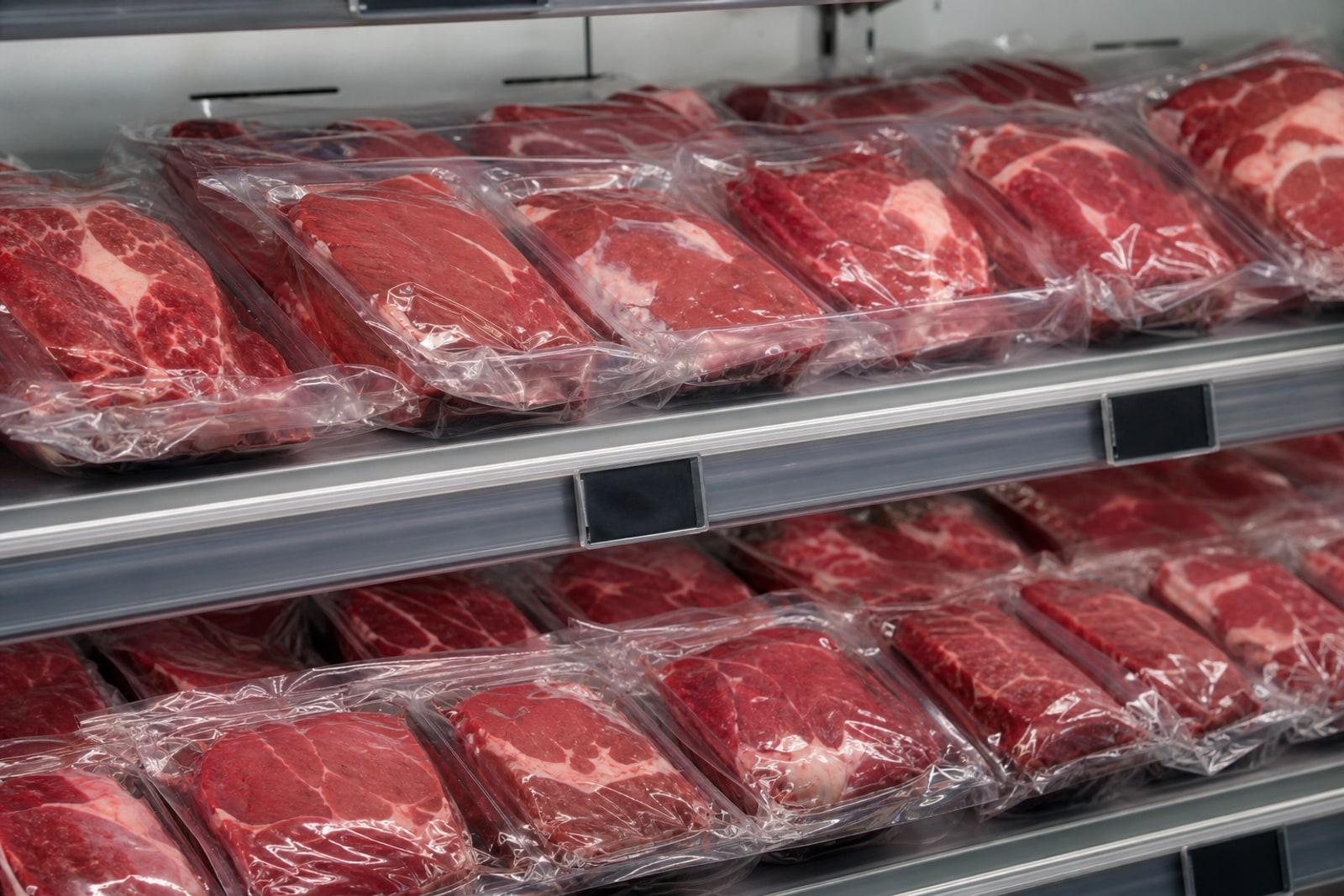 Vacuum-packed raw beef cuts arranged on a chilled supermarket shelf, with no people or readable labels visible.