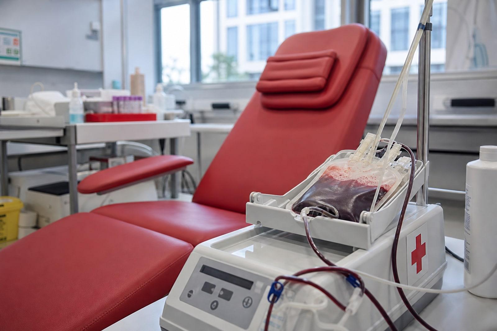 A blood collection bag filling with dark-red blood on an automated rocker scale beside a reclining donor chair at a Luxembourg Red Cross transfusion station, the red-cross-on-white emblem visible on the equipment.