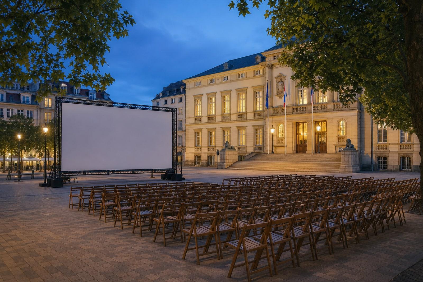 An open-air cinema screen and rows of folding chairs set up on Place Guillaume II in Luxembourg City at dusk.