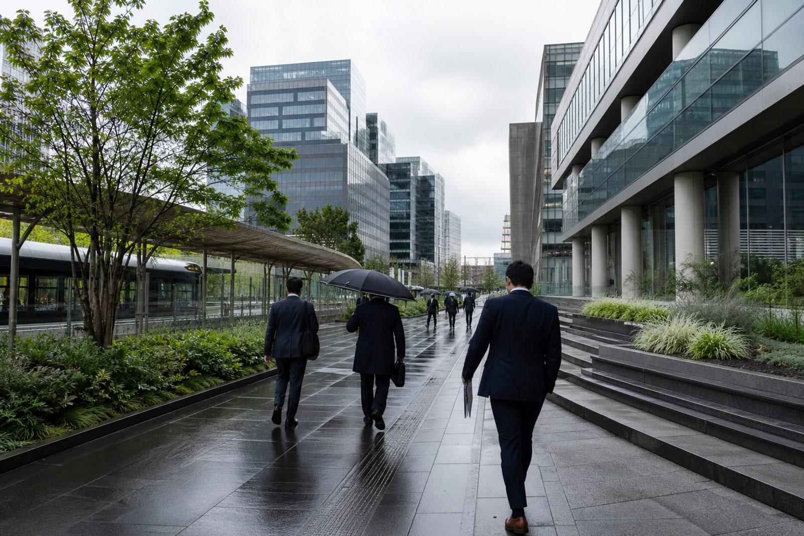 Anonymous pedestrians pass modern Luxembourg financial district offices on a wet, overcast morning, with glass buildings and street greenery in view.
