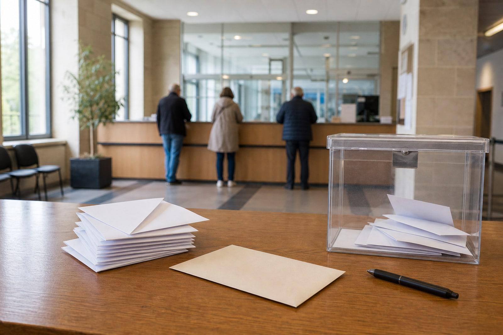 Ballot papers, an envelope, a pen and a clear ballot box sit on a municipal counter while anonymous residents wait at a Luxembourg commune office.