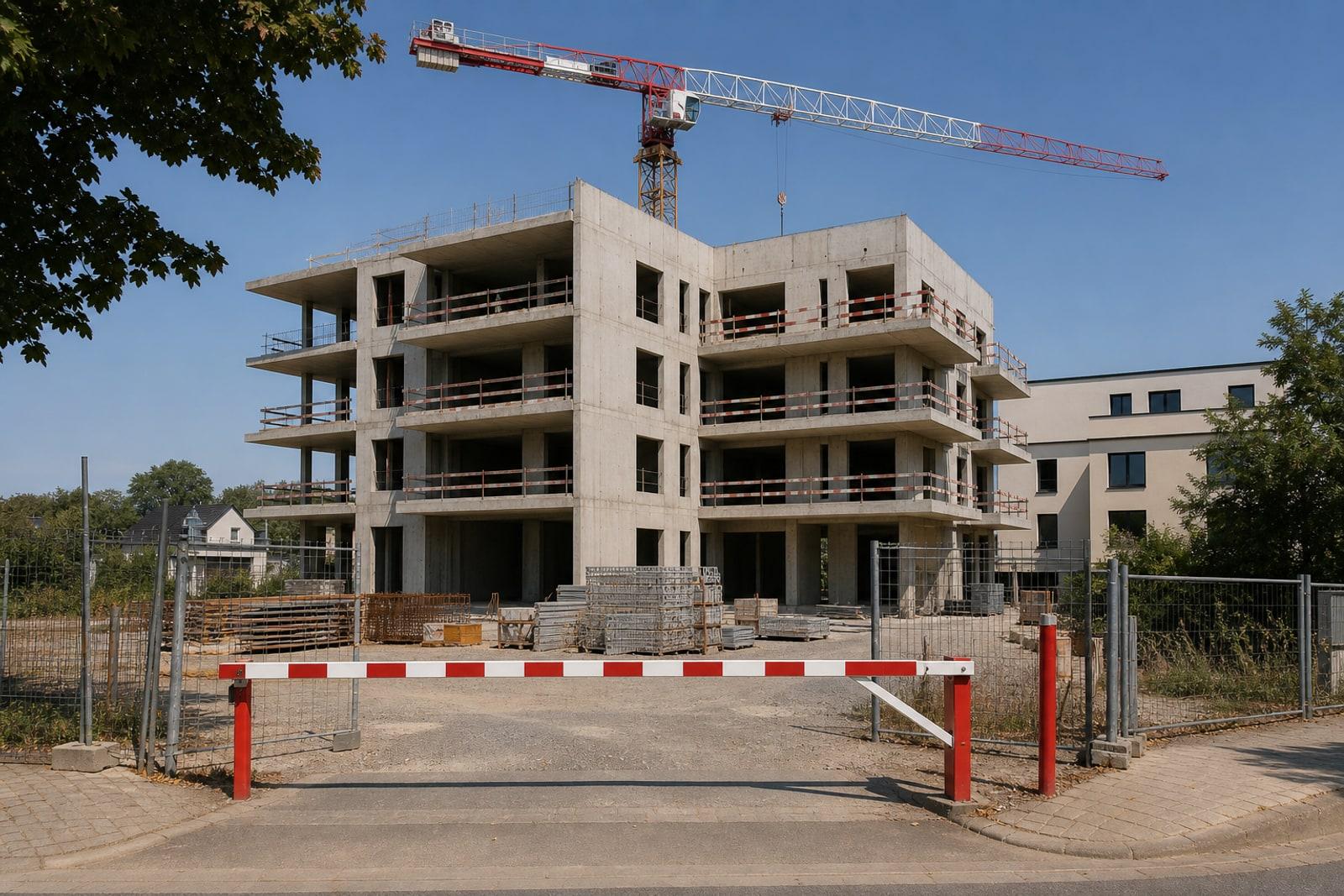 Verlassene Baustelle eines Luxemburger Wohngebäudes während des kollektiven Sommerurlaubs 2026