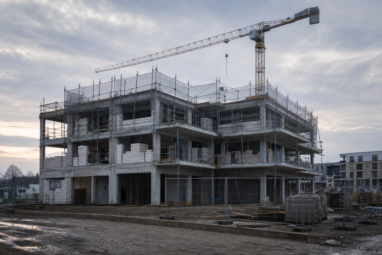 A half-finished residential apartment building on a Luxembourg construction site, with an exposed concrete frame, scaffolding and an idle tower crane under a grey sky.