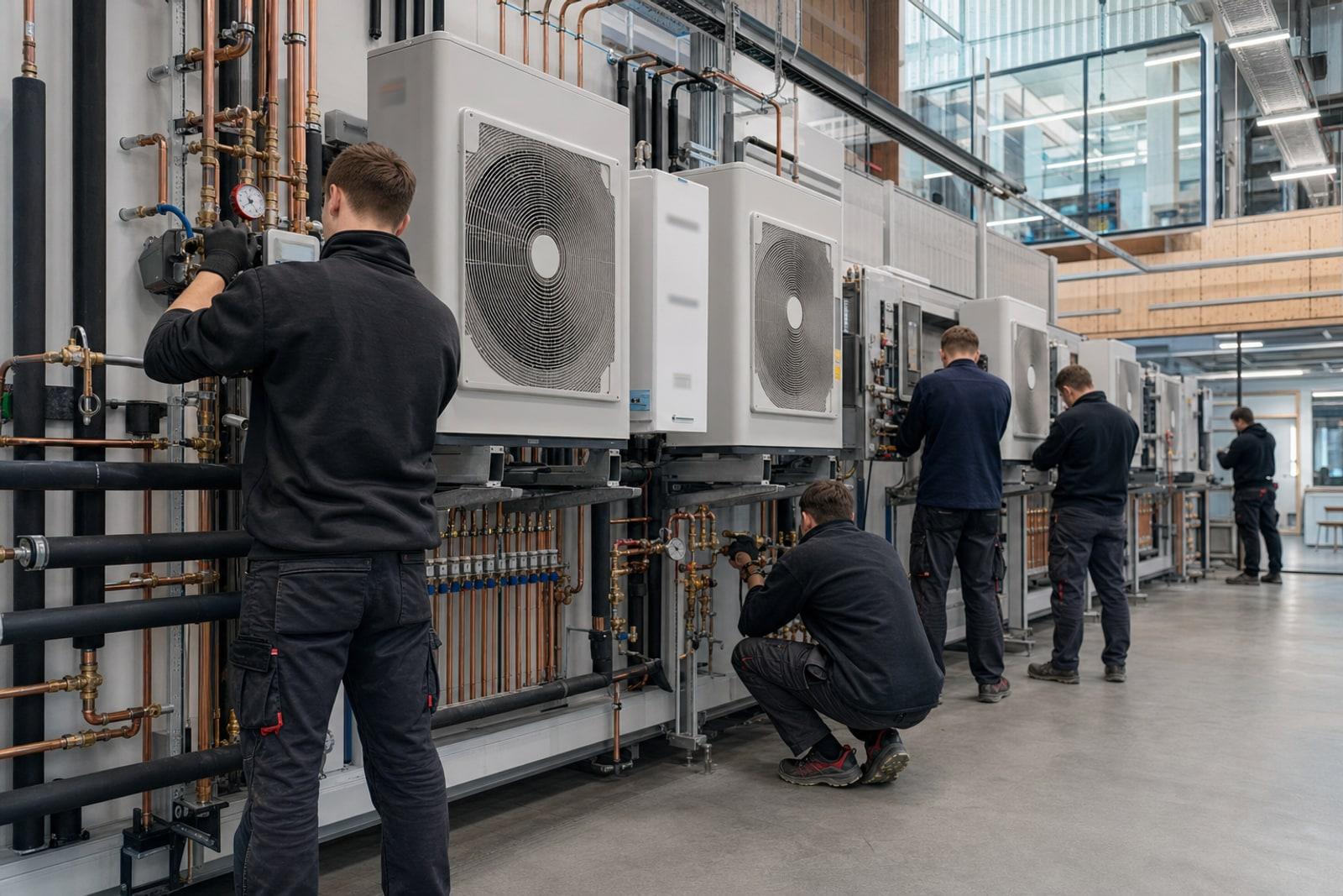 Apprentices in workwear practising on installed heat pumps and heating manifolds in a modern craft-trades training workshop.