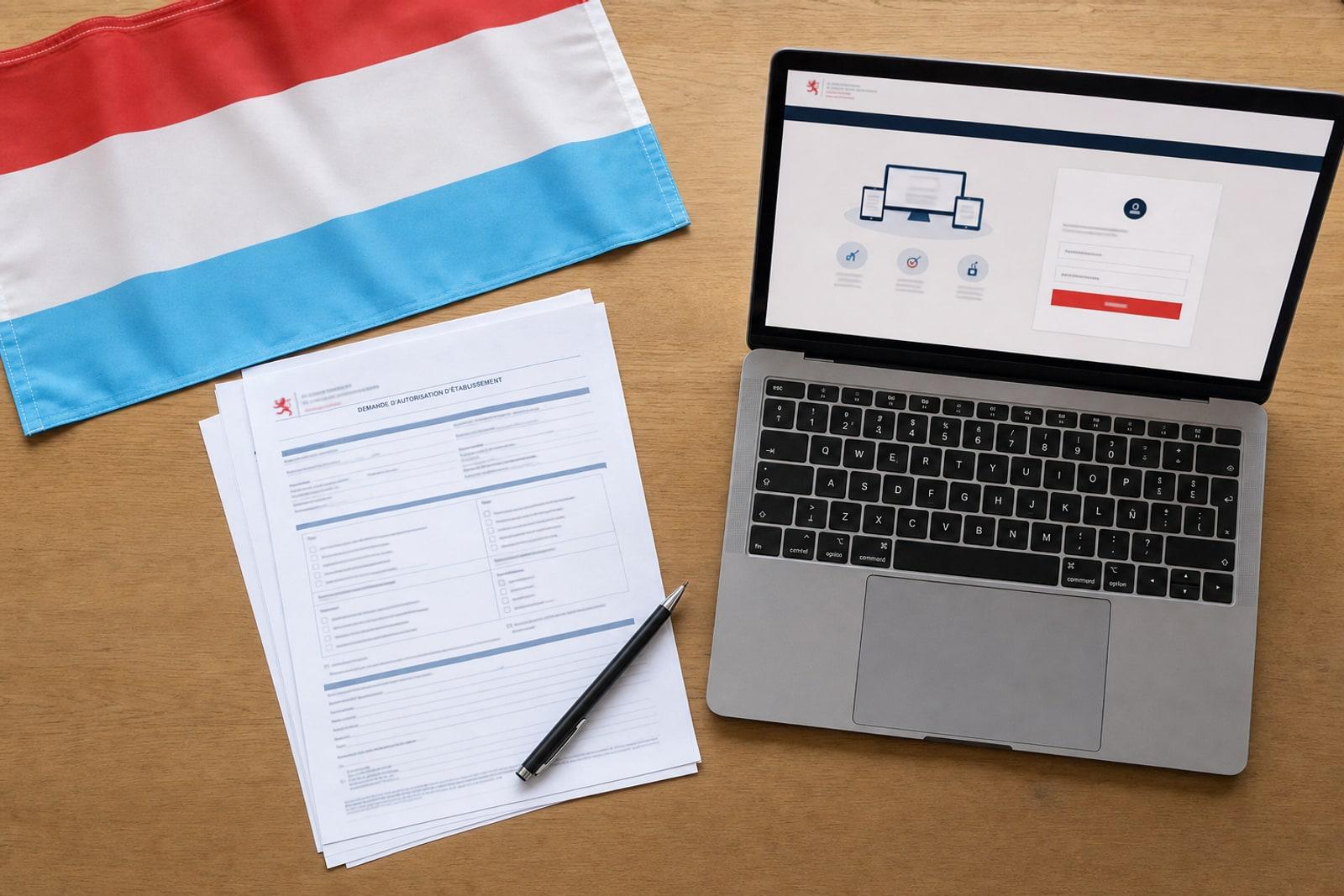 Dossier de demande d'autorisation d'établissement luxembourgeoise et portail MyGuichet.lu ouvert sur un ordinateur portable, avec un petit drapeau du Luxembourg, sur le bureau d'un entrepreneur.
