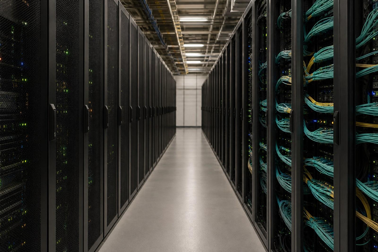 Rows of illuminated server racks and fibre-optic cabling along a modern data-centre aisle.