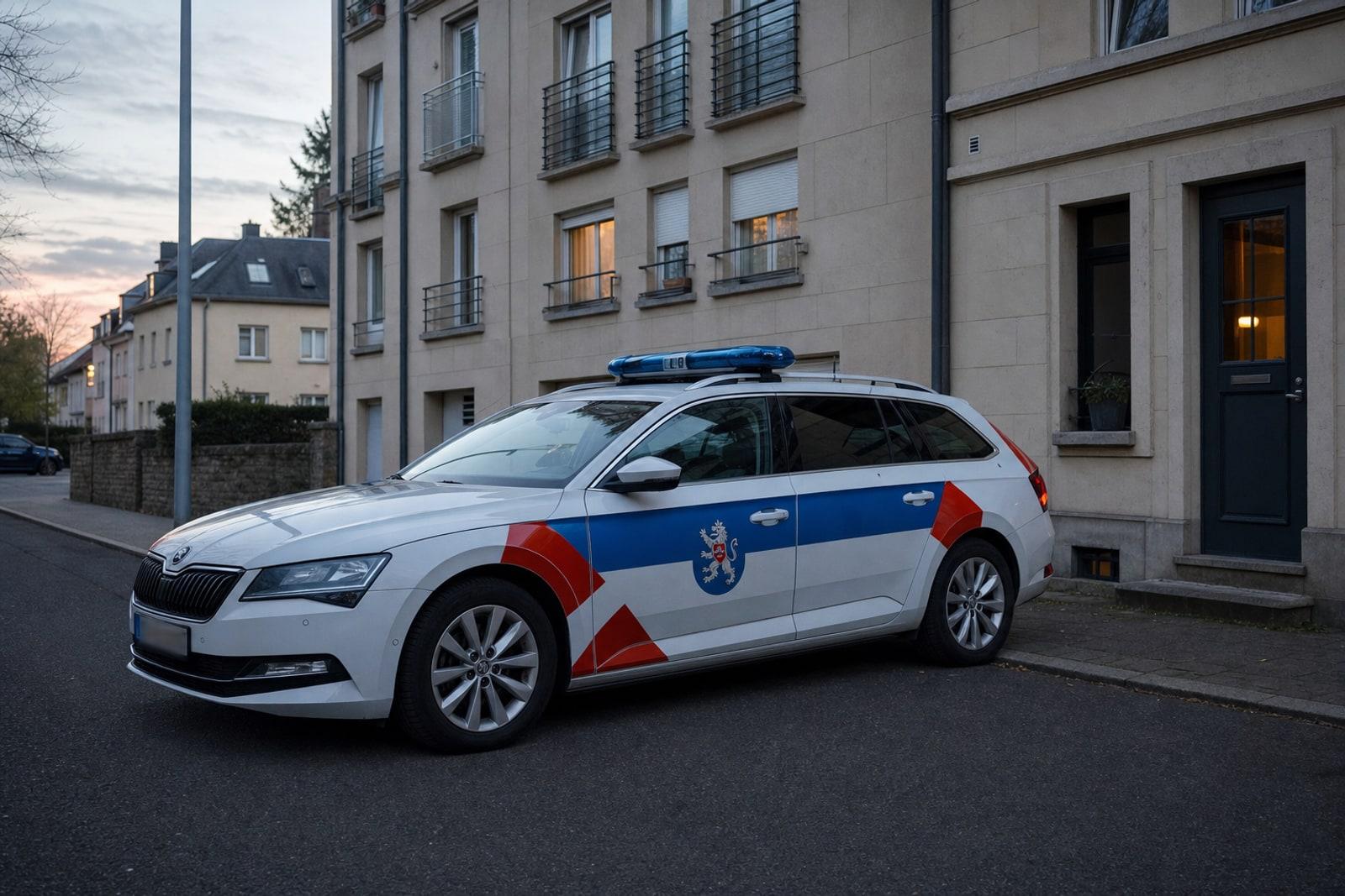 A white Luxembourg Grand Ducal Police patrol car with blue-and-red livery parked on a quiet street outside a residential building at dusk.
