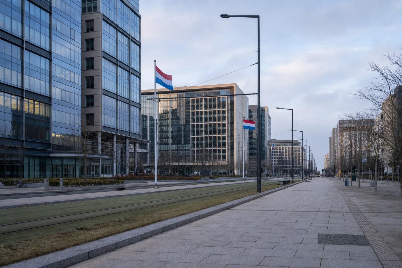 Glass-and-steel office buildings and Luxembourg flags in the Kirchberg financial district.