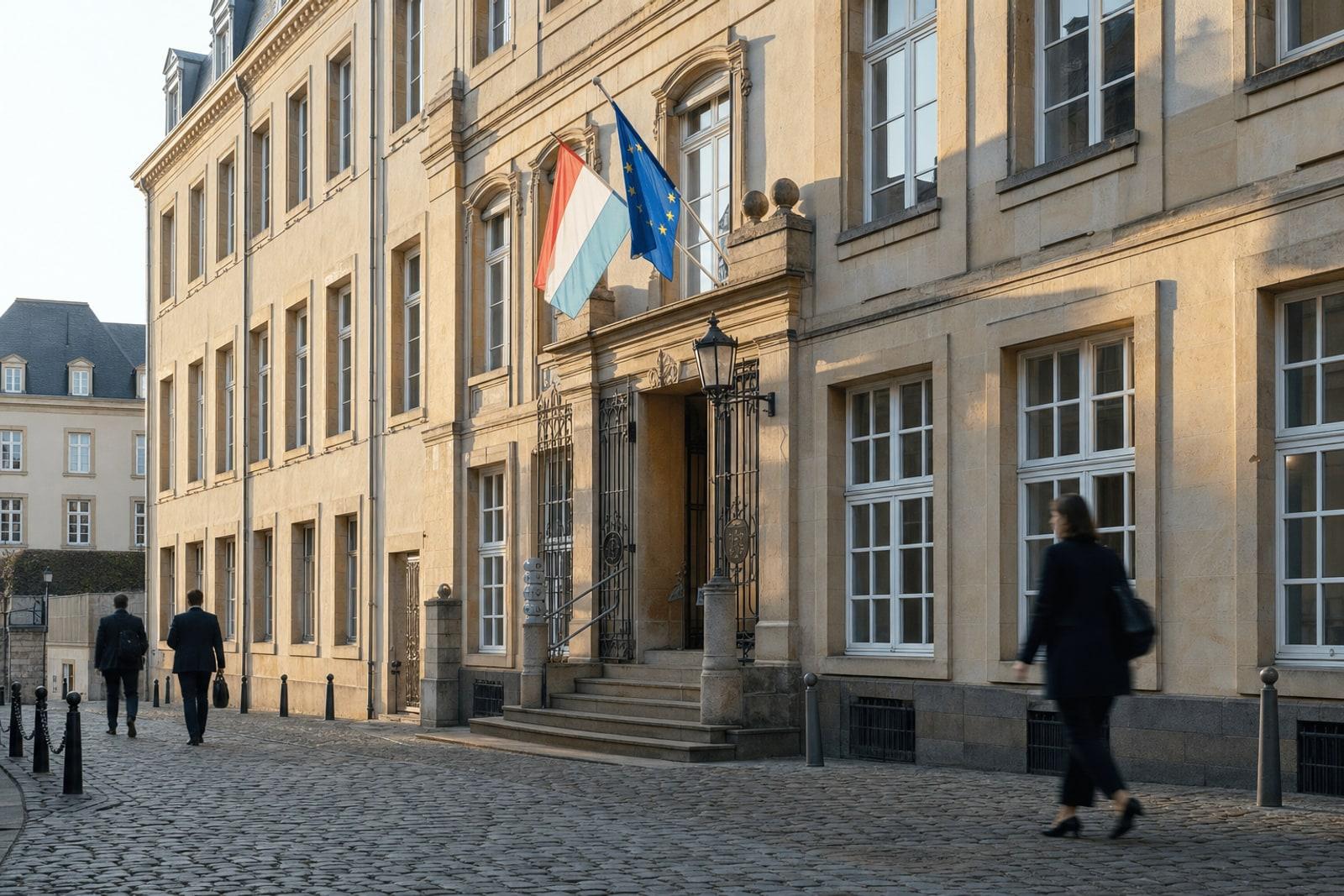 D'Gebai vum Finanzministère an der Rue de la Congrégation an der Stad, mat Lëtzebuerger an EU-Fändelen.