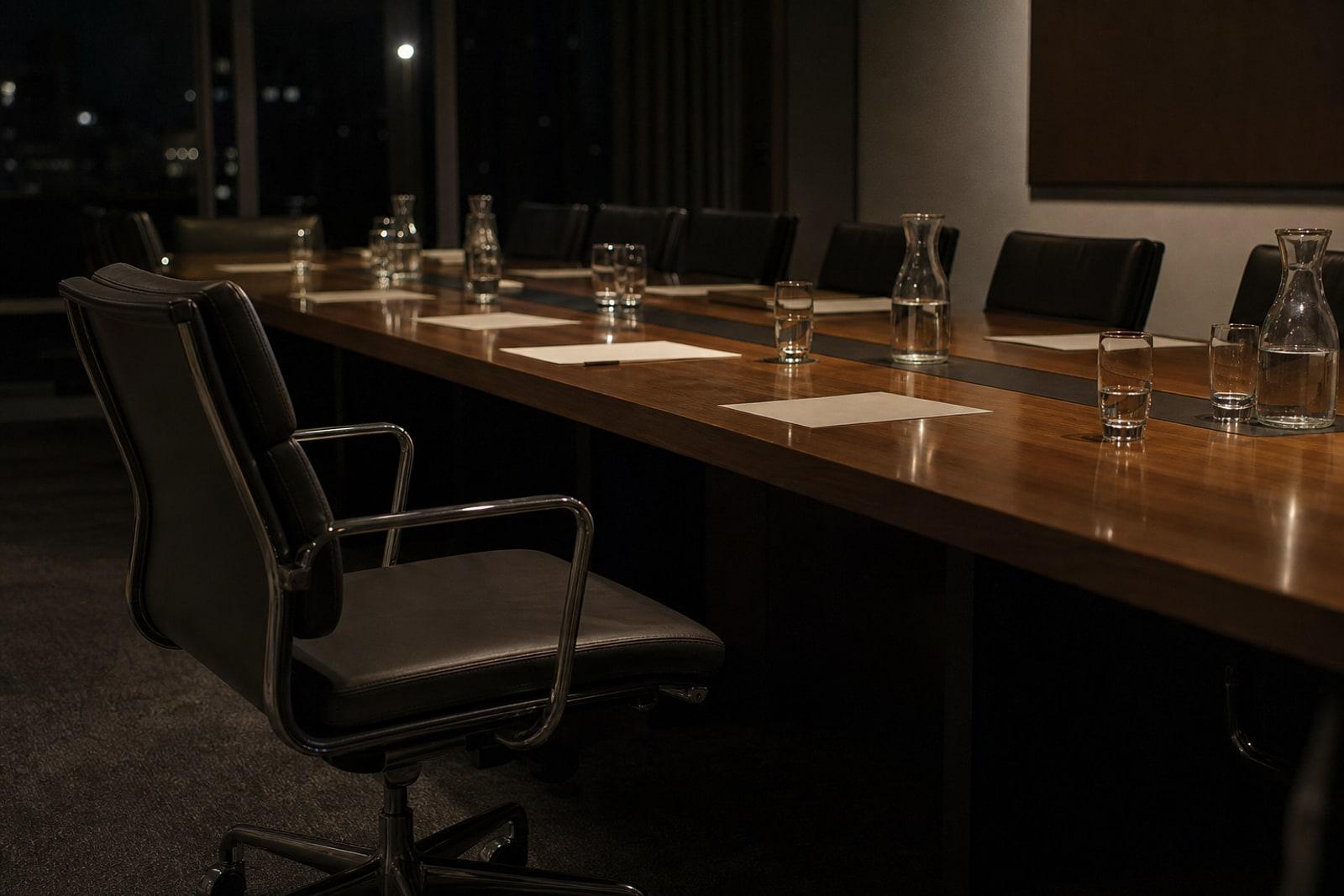 An empty delegate's chair at a long, dimly lit negotiating table with water glasses and papers but no people.
