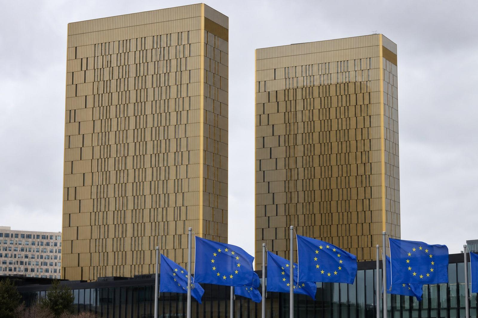 The two gold-coloured towers of the Court of Justice of the European Union on the Kirchberg plateau in Luxembourg City, with EU flags in the foreground under a grey sky.