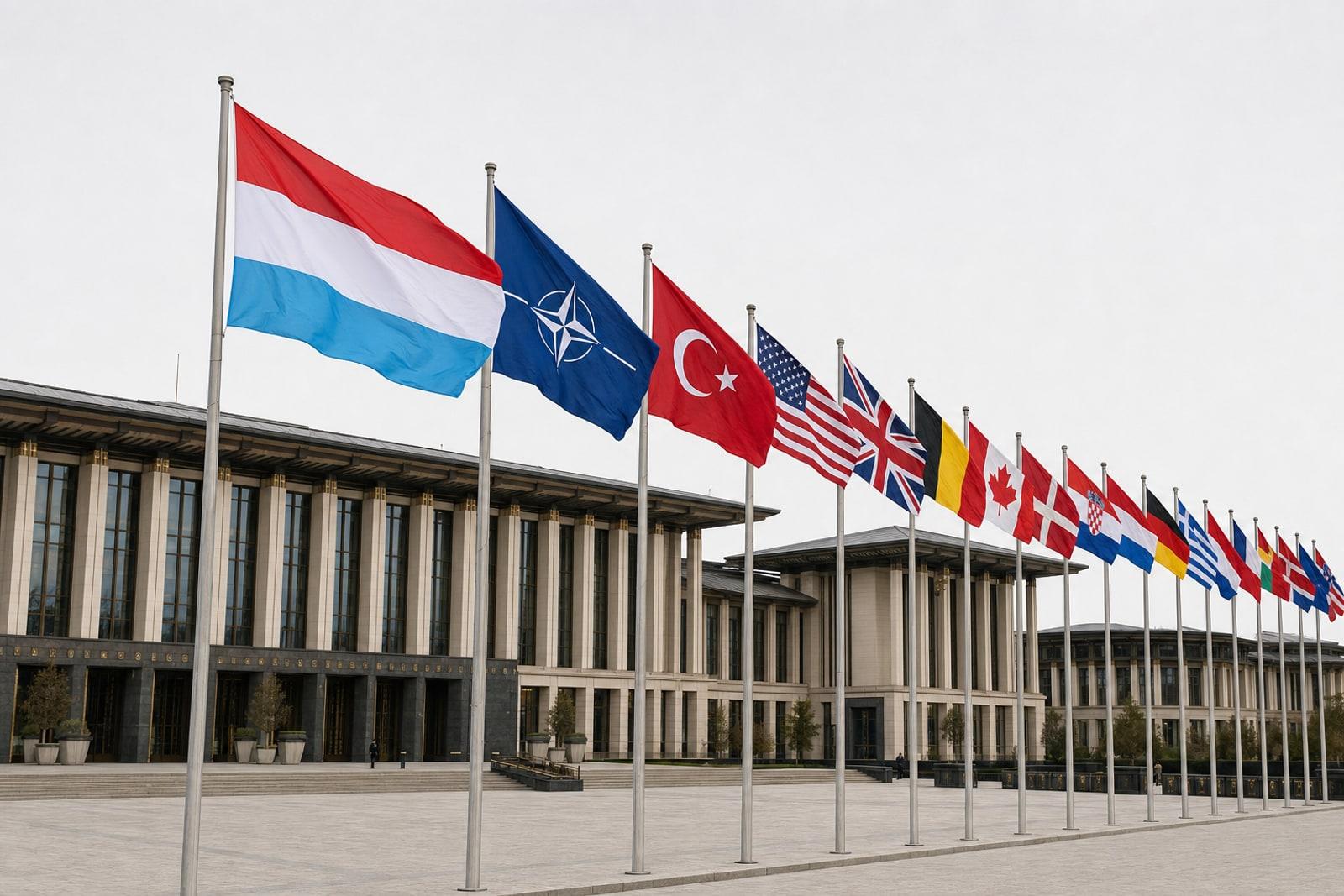 Fändele vun den NATO-Alliéierten, dorënner de Lëtzebuerger Tricolore, um NATO-Sommet 2026 zu Ankara.