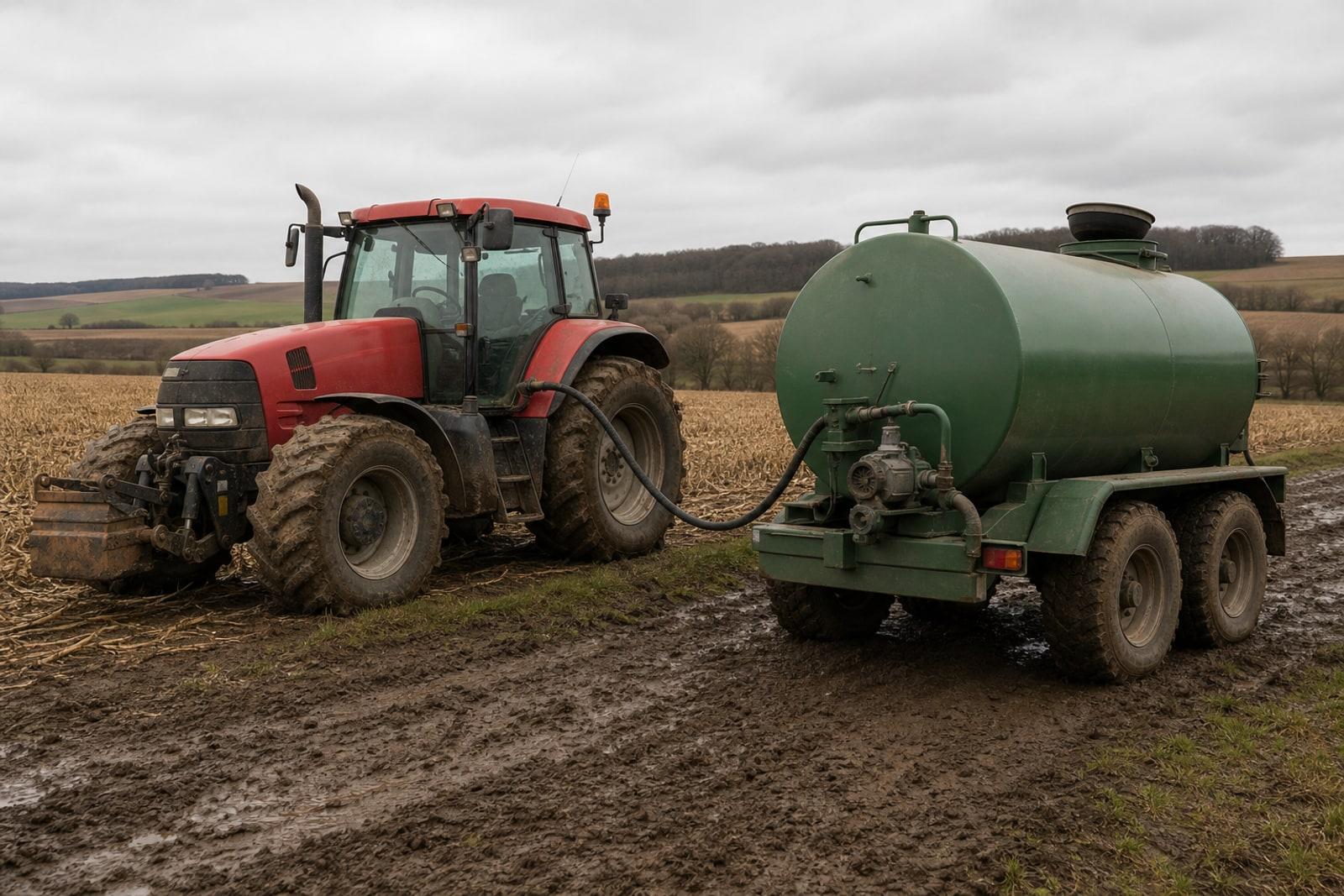 A tractor refuelling from a green agricultural diesel tank at the edge of a Luxembourg field under overcast sky.